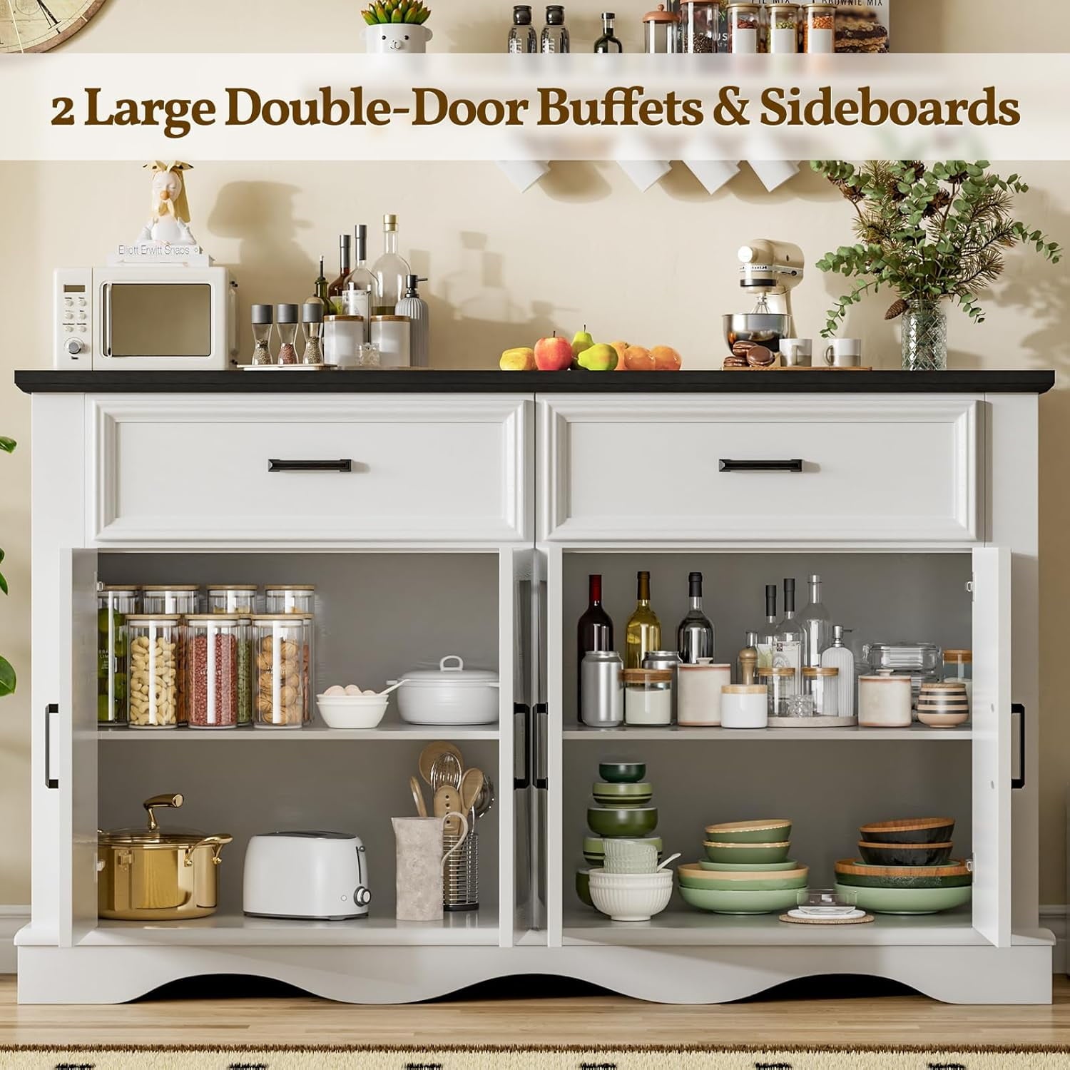 Buffet Cabinet with Drawers, 56" Large Sideboard Buffet Storage Cabinet with Shelves and Doors, Wave Base Design, Multi-Purpose Buffet Table with Charging Station for Living Room,Dining Room,White