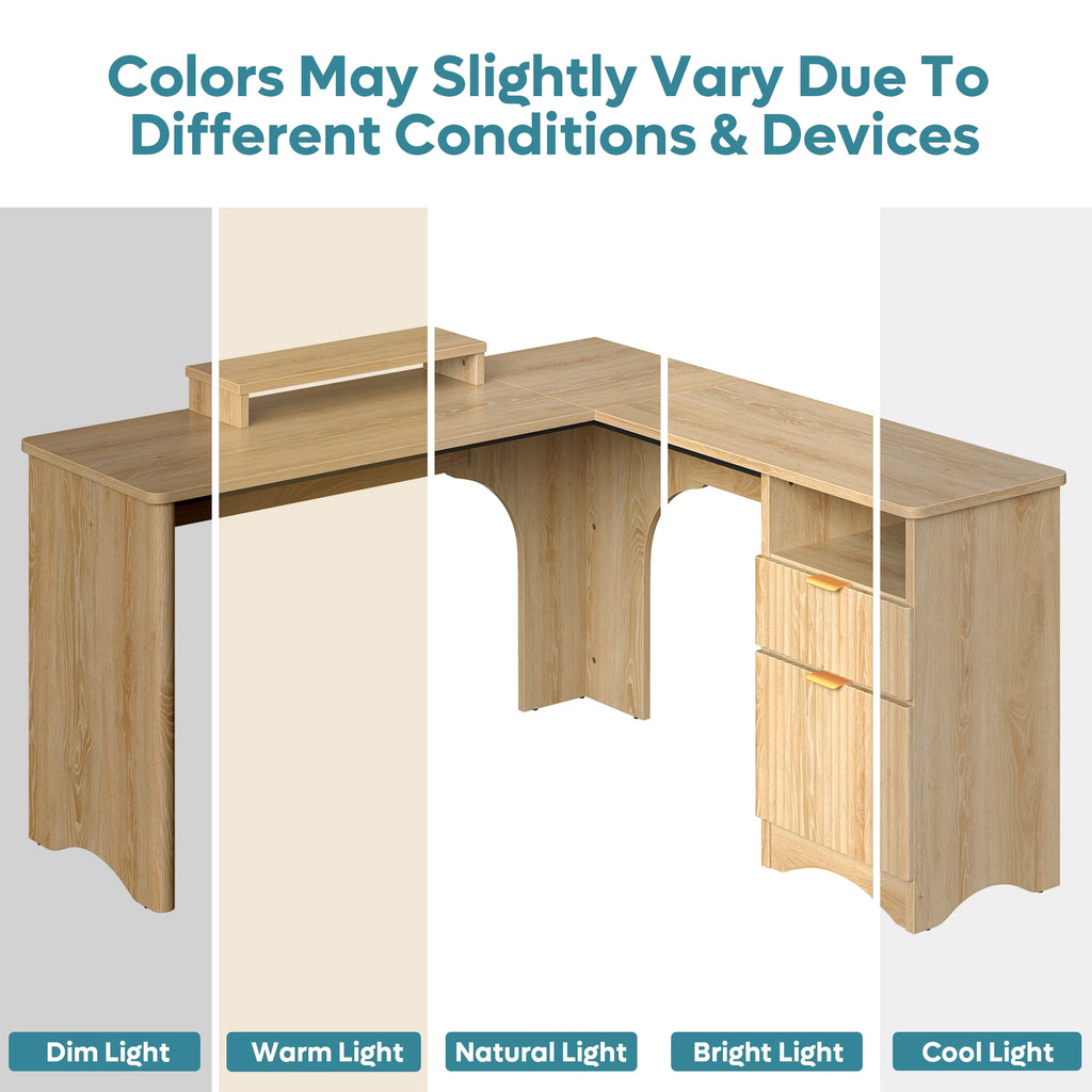 L Shaped Desk with Drawers, 55.7" X 55" Office Computer Desk with round Corners, Monitor Stand & Fluted Panels, Natural Oak