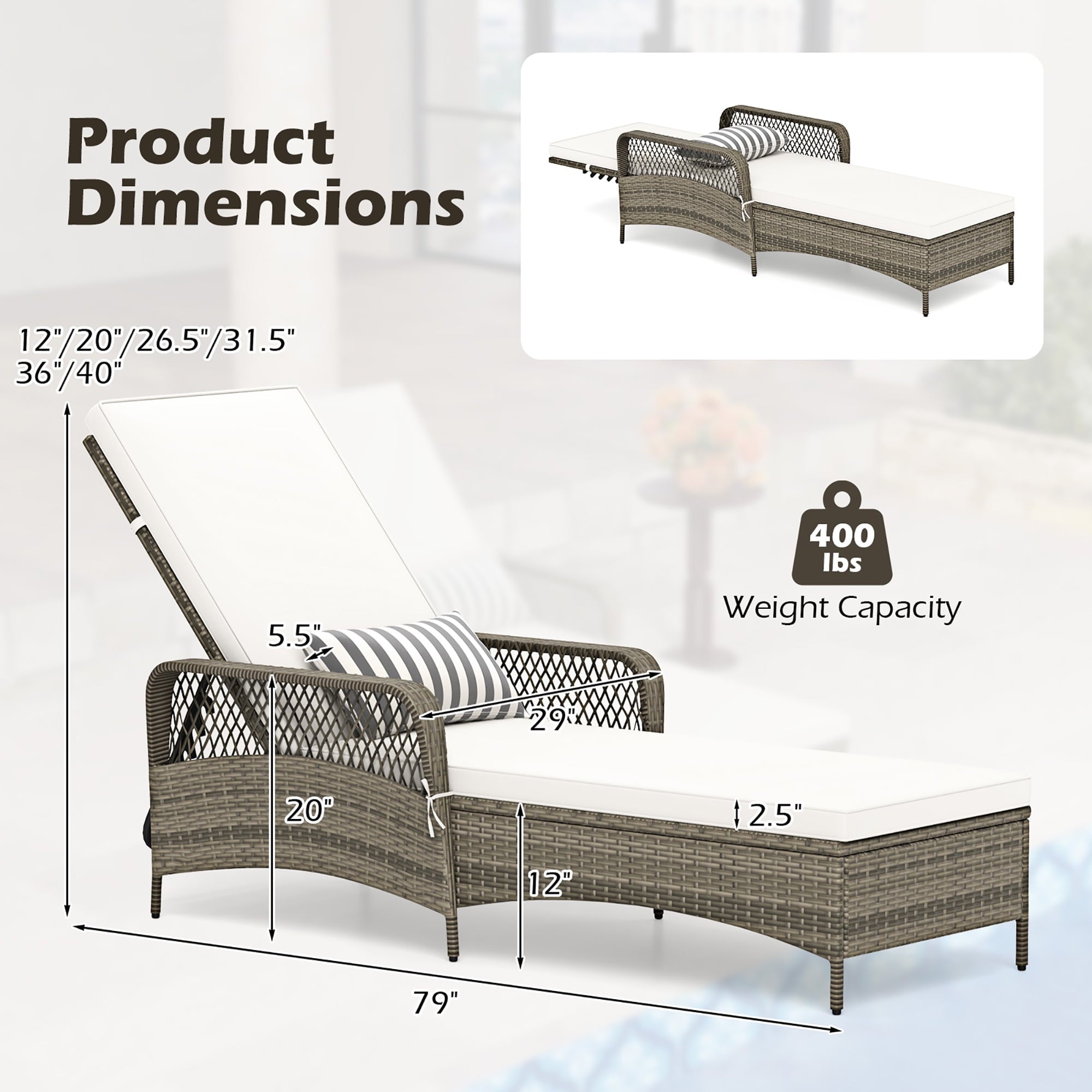 PE Wicker Chaise Lounge Chair 6-Position Adjustable Patio Recliner W/ Soft Cushions