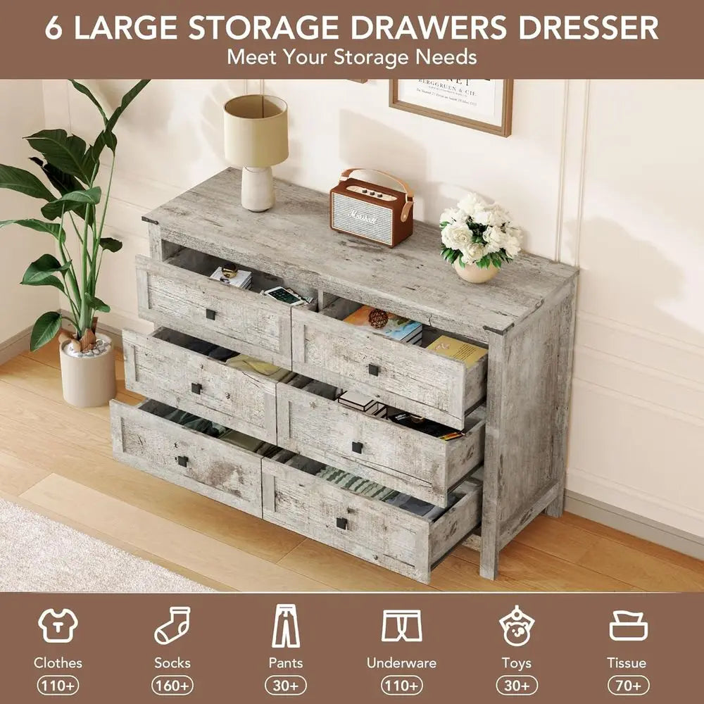 3-Piece Bedroom Furniture Set with 6-Drawer Dresser & 2 Nightstands – Rustic Gray