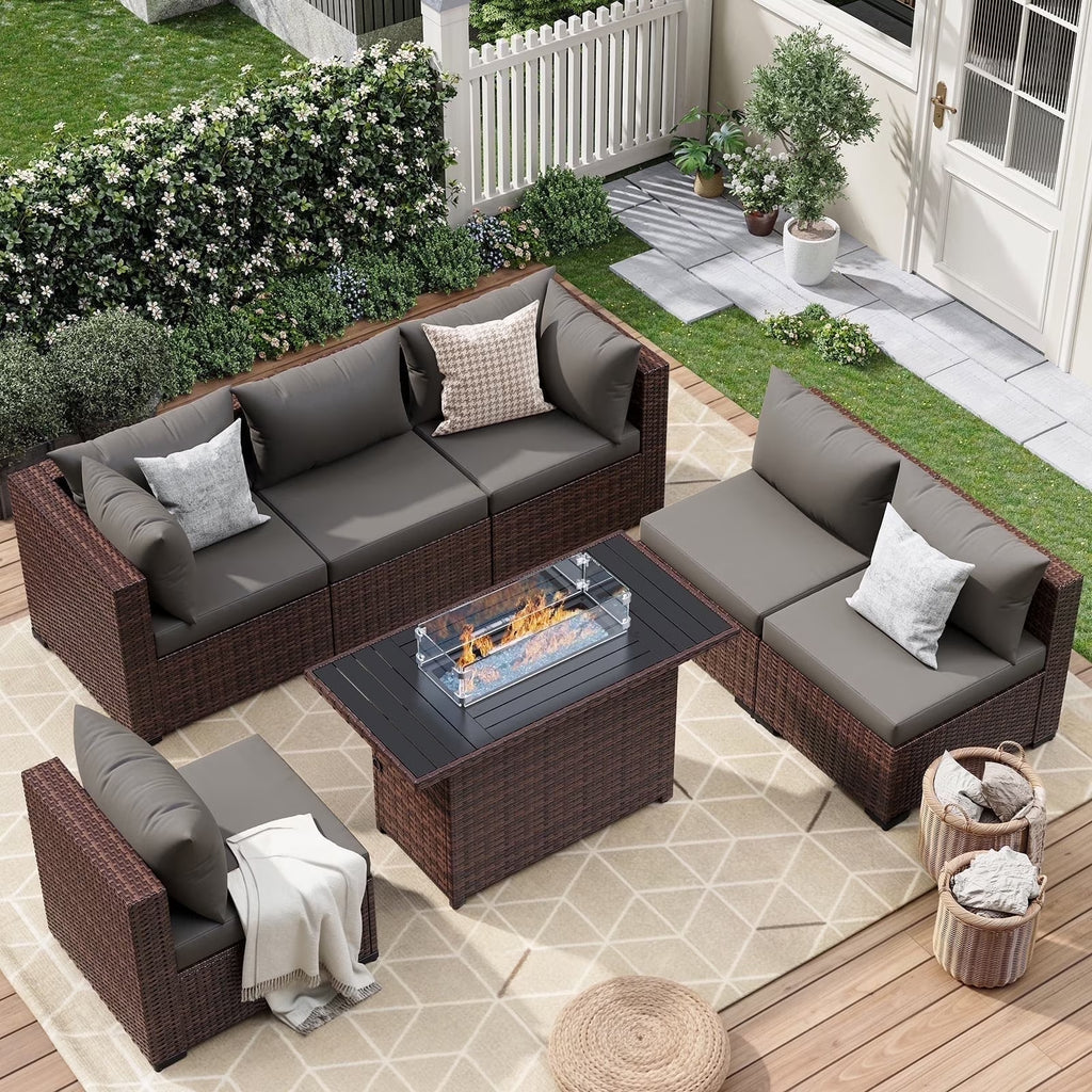7 Pieces Patio Furniture Set All Weather Outdoor Sectional Sofa, Outdoor Modern Sectional Furniture Wicker Couch with Glass Coffee Table, Thicken Navy Blue Cushions, Water Resistant