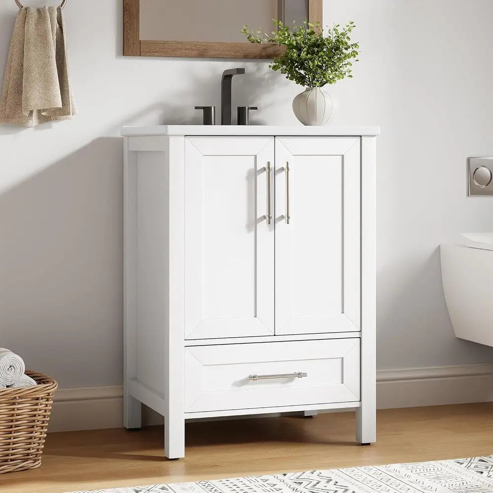 24-Inch White Freestanding Bathroom Vanity with Sink – Modern Storage Cabinet with Soft-Close Doors & Easy Assembly