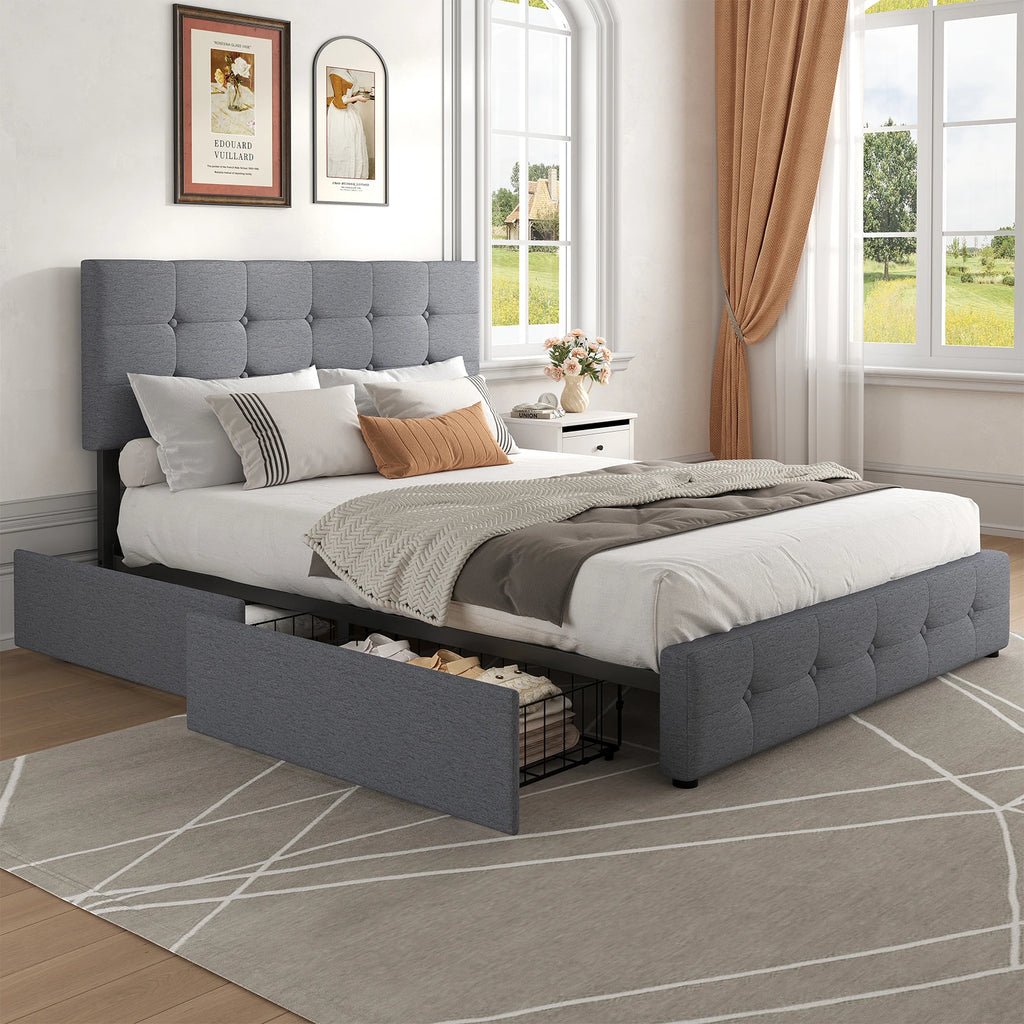 Queen - Full Size Upholstered Platform Bed Frame with Adjustable Headboard – Noise-Free Metal Support