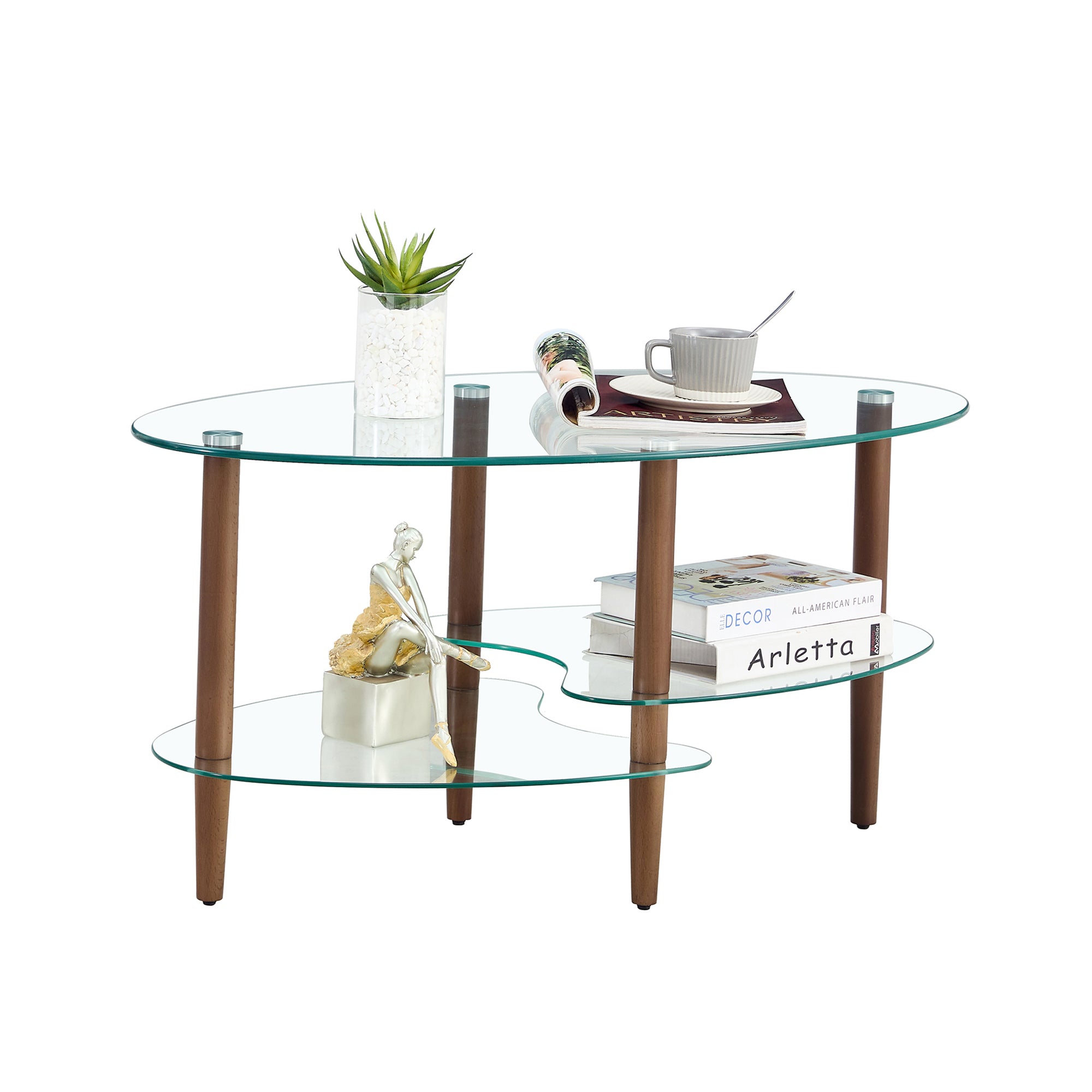 Transparent Oval Glass Coffee Table, Modern Living Room Table, Oak Leg Coffee Table, Three-Layer Glass Table