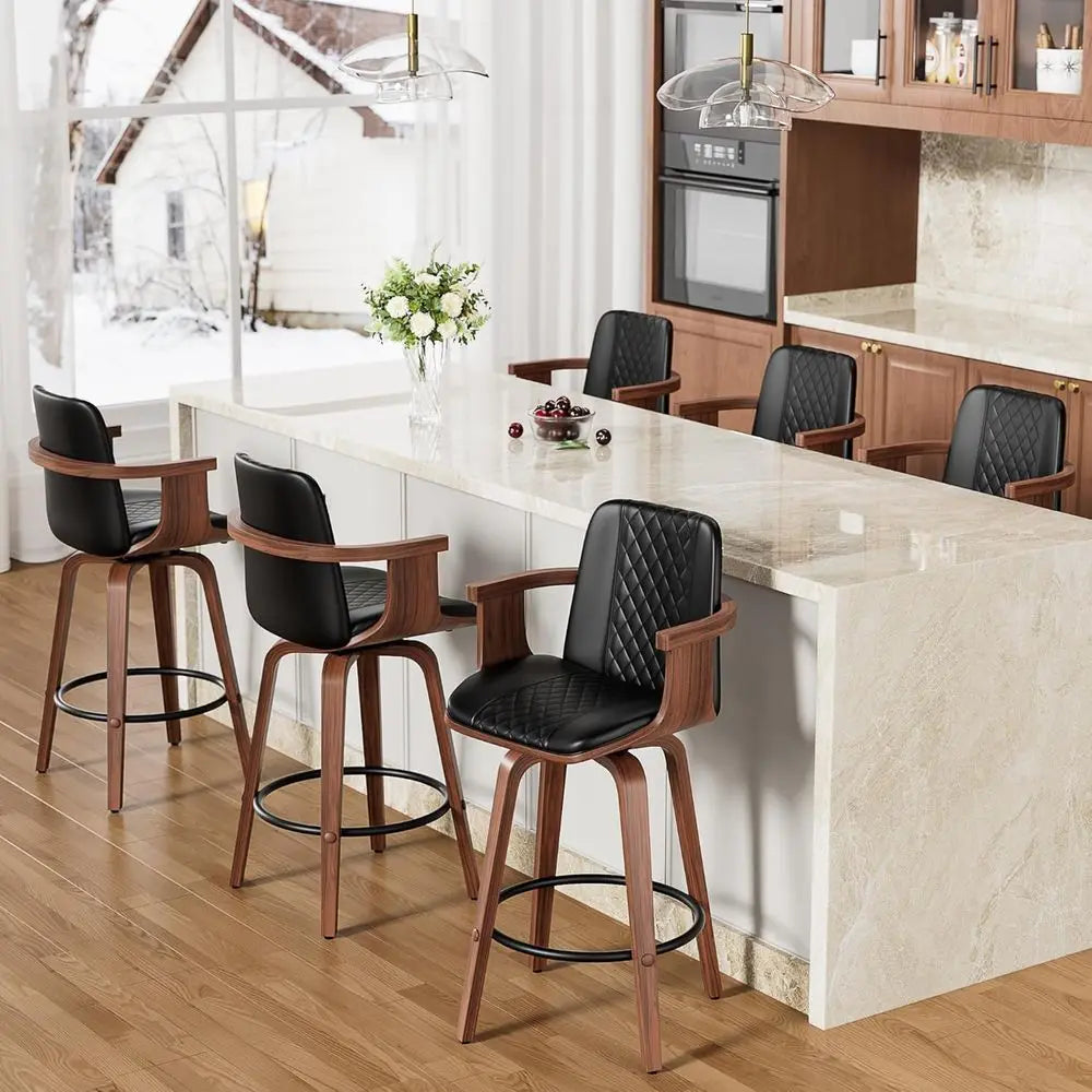 26" Swivel PU Leather Bar Stools with Wooden Arms – Set of 6 Modern Counter Height Chairs, Black