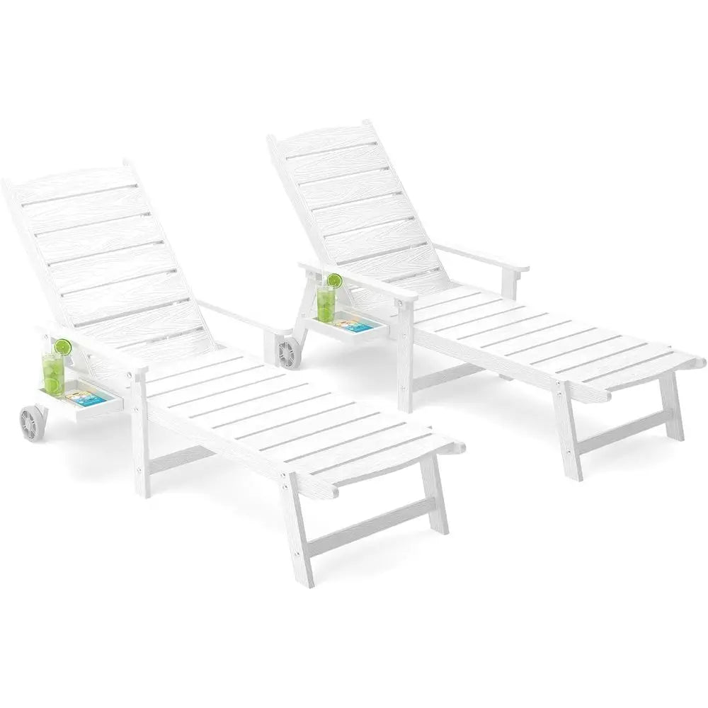 2-Piece Outdoor Pool Lounge Chair Set with Adjustable Backrest & Side Tray – White