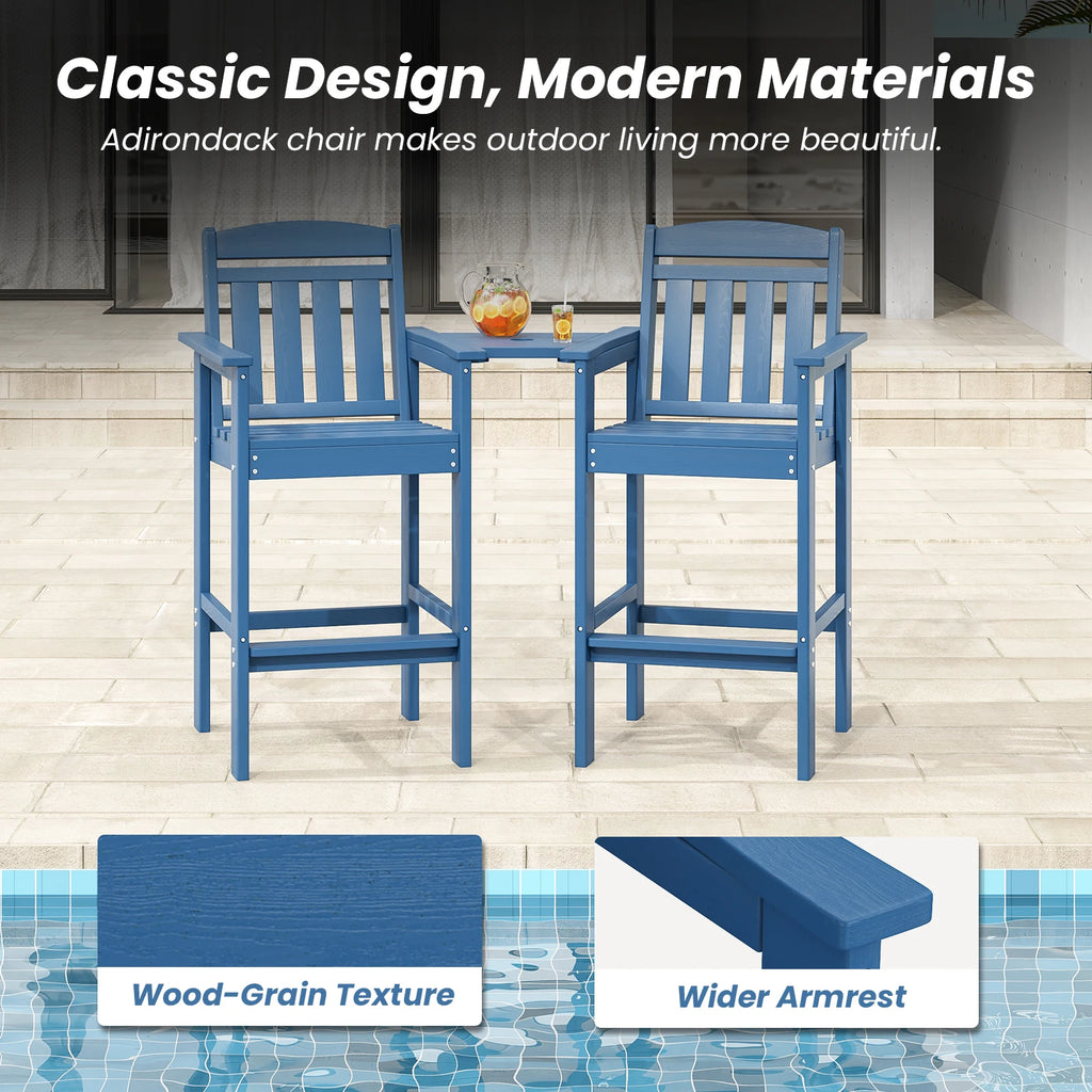 Set of 2 Tall Adirondack Chairs, HDPE Bar Stools with Connecting Tray, All-Weather Patio Chair, Bar Height for Balcony
