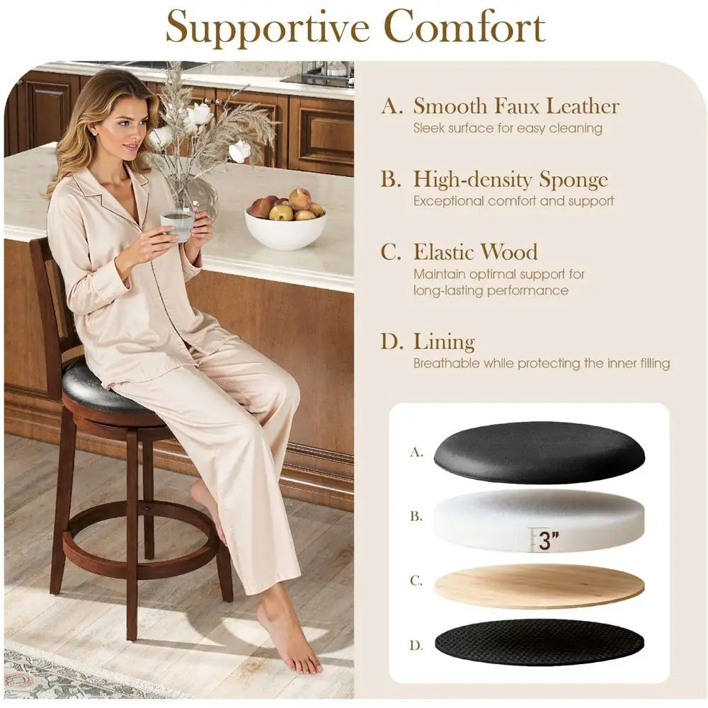 Set of 2, 26 High-Back Leatherette Counter Stools with Solid Wood Legs, Brown Kitchen Barstools