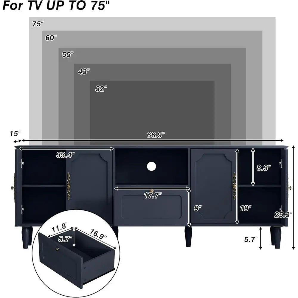67" Vintage TV Stand for 75–80 Inch TVs, Blue Wooden Entertainment Center with Storage & Adjustable Shelves