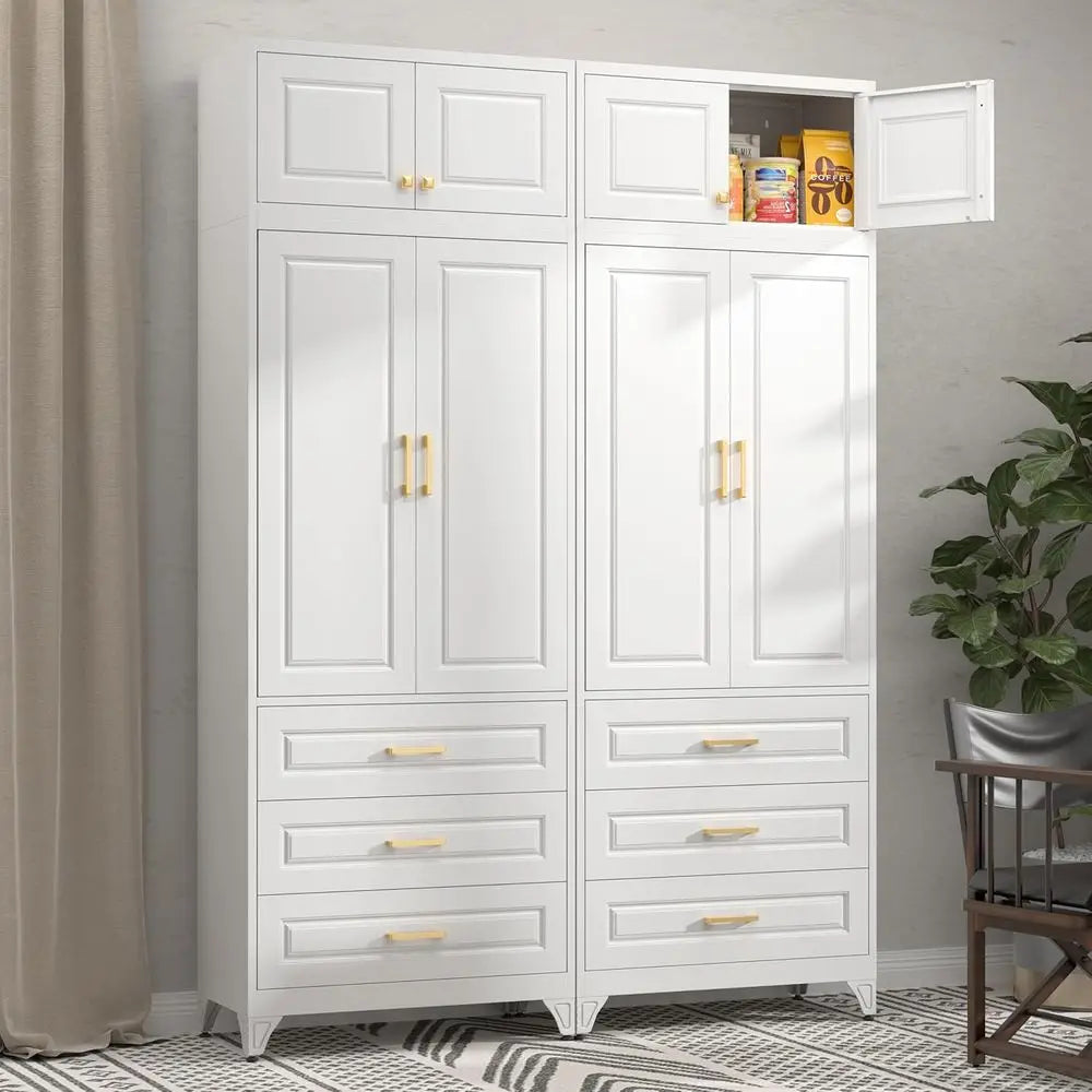 90" Tall Metal Pantry Cabinet with Doors, Shelves & Drawers – White