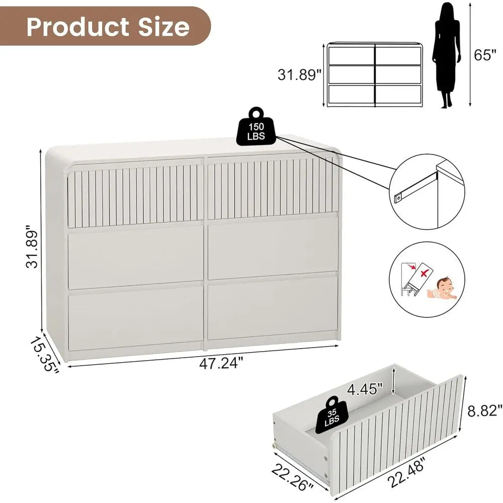 3-Piece White Bedroom Furniture Set with 6-Drawer Dresser & 2 Nightstands – Modern Curved Design
