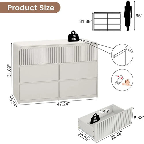 3-Piece White Bedroom Furniture Set with 6-Drawer Dresser & 2 Nightstands – Modern Curved Design