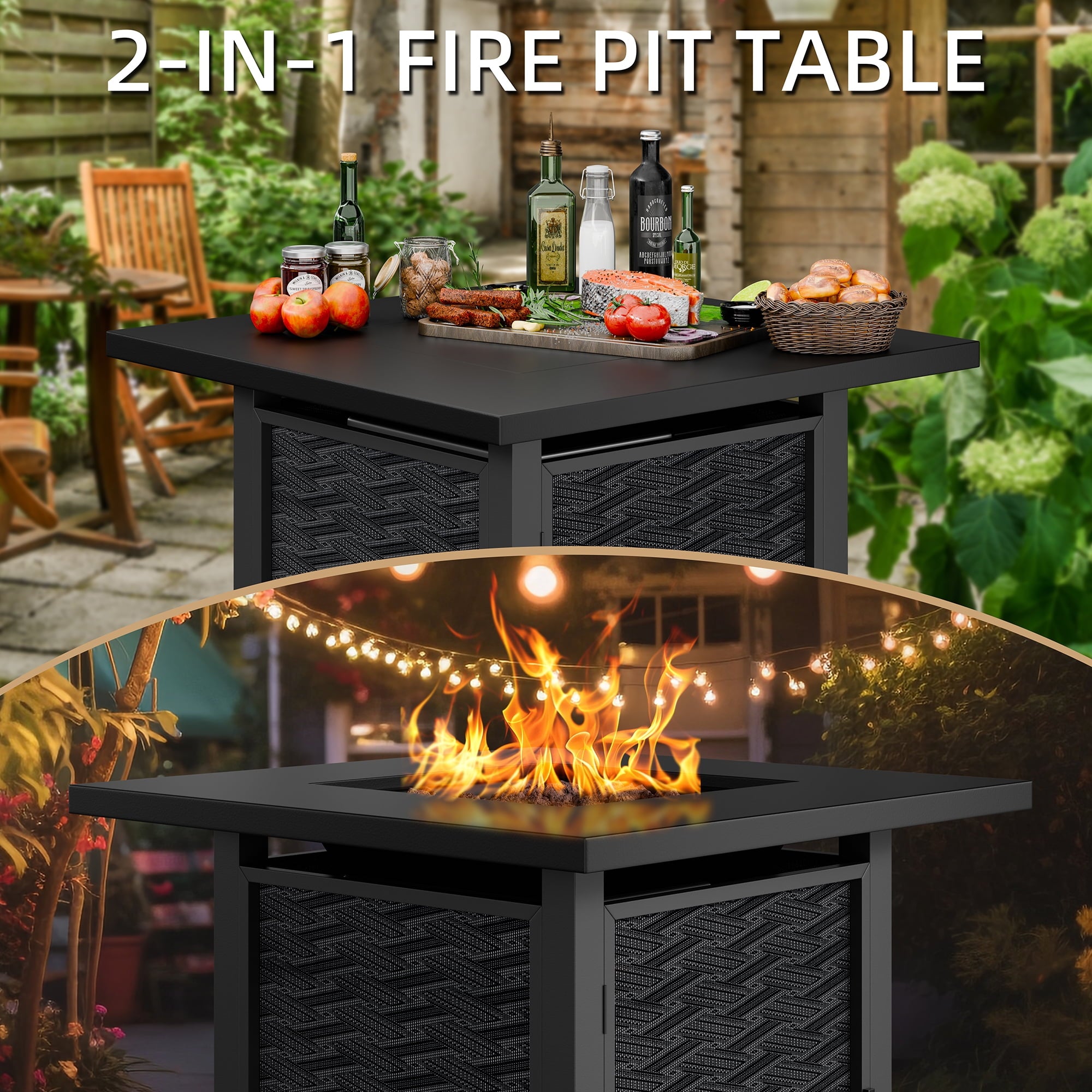 28" Propane Fire Pit Table 50,000 BTU Steel Gas Fire Pit with Removable Lid & Waterproof Cover and Tables