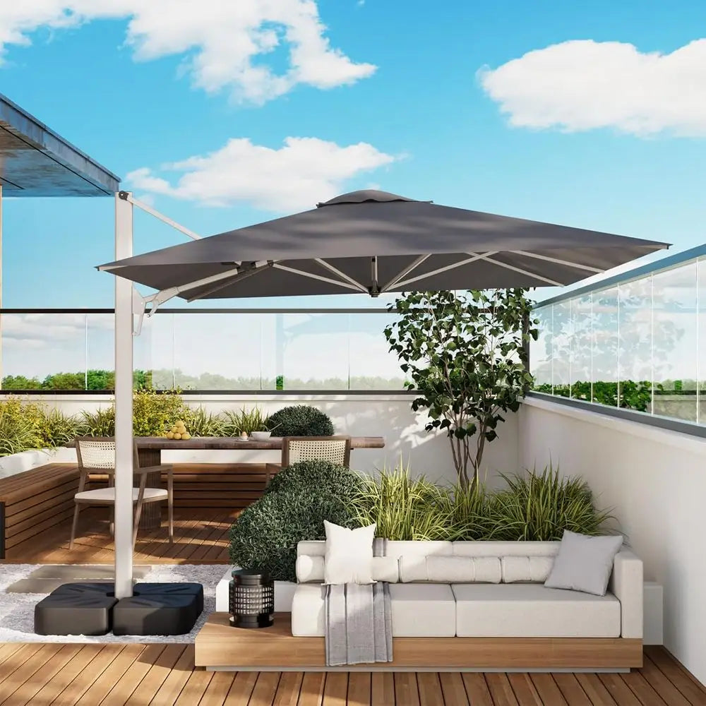 9-12 Feet Rotating Cantilever Patio Umbrella with 360° Outdoor Shade
