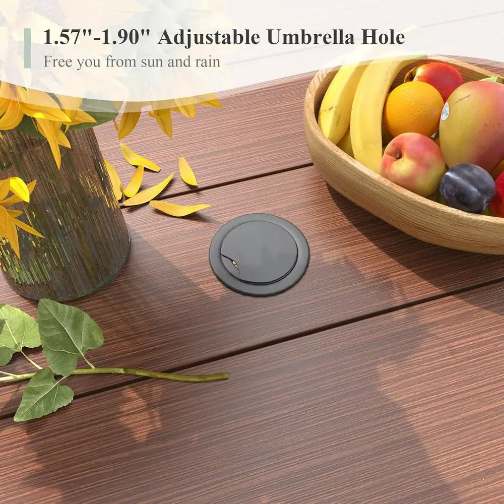 Round 6-Seater Outdoor Metal Patio Dining Table with Umbrella Hole, Walnut Finish