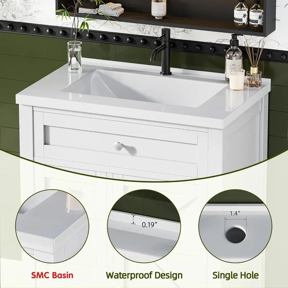 30-Inch Freestanding Bathroom Vanity with Single Sink – White Vanity with 2 Drawers, Drop-Down Drawer & Side Storage Cabinet