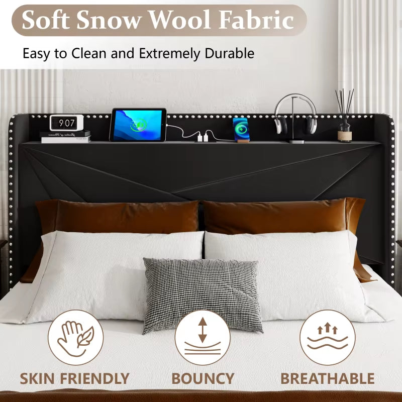 Modern Queen Size Tufted Headboard Platform Bed Frame with Wooden Storage Drawers – Soft Chenille Upholstered Bed