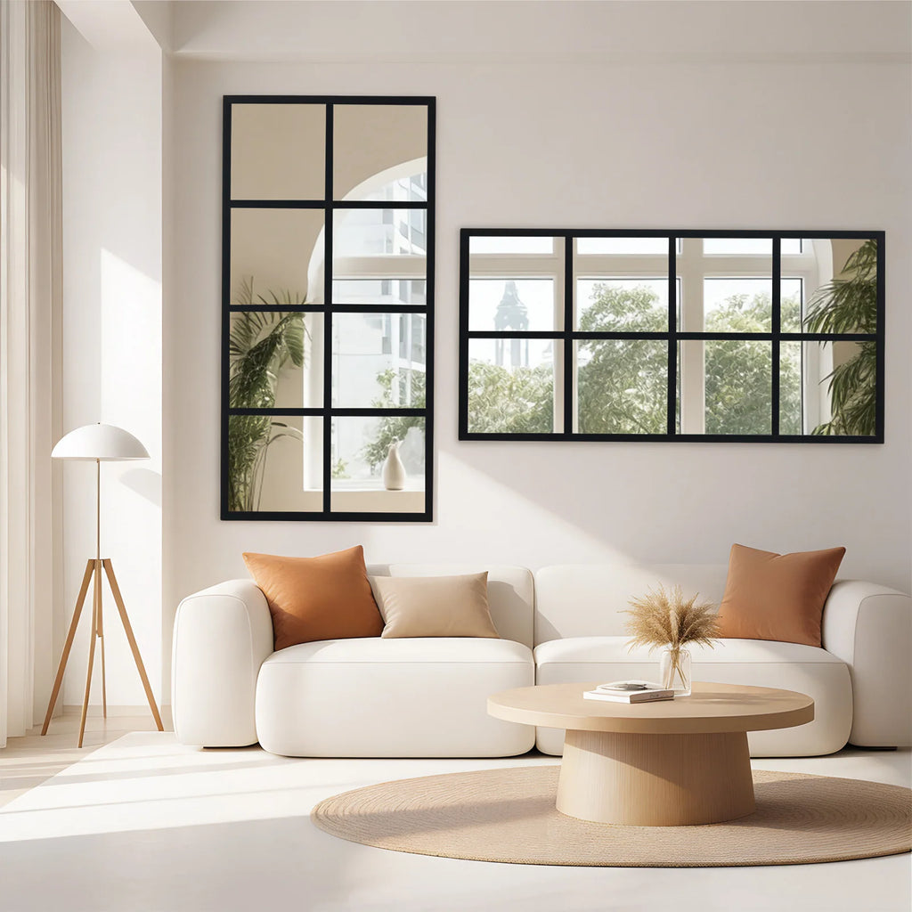 16" X 32" Set of 2 Standing Hanging Modern Window Pane Wall Mirror – Metal Framed Decorative Mirror
