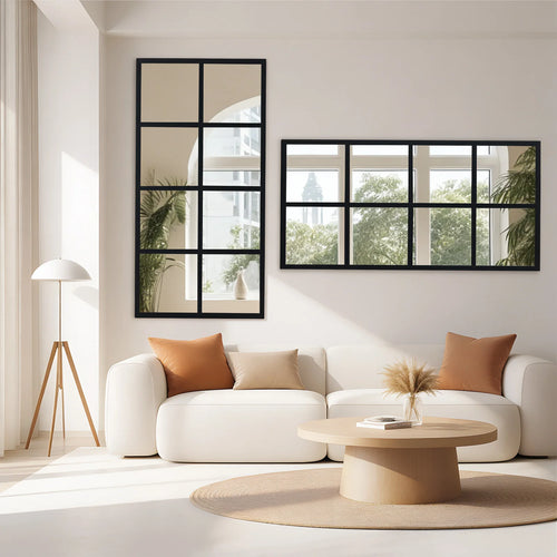16" X 32" Set of 2 Standing Hanging Modern Window Pane Wall Mirror – Metal Framed Decorative Mirror
