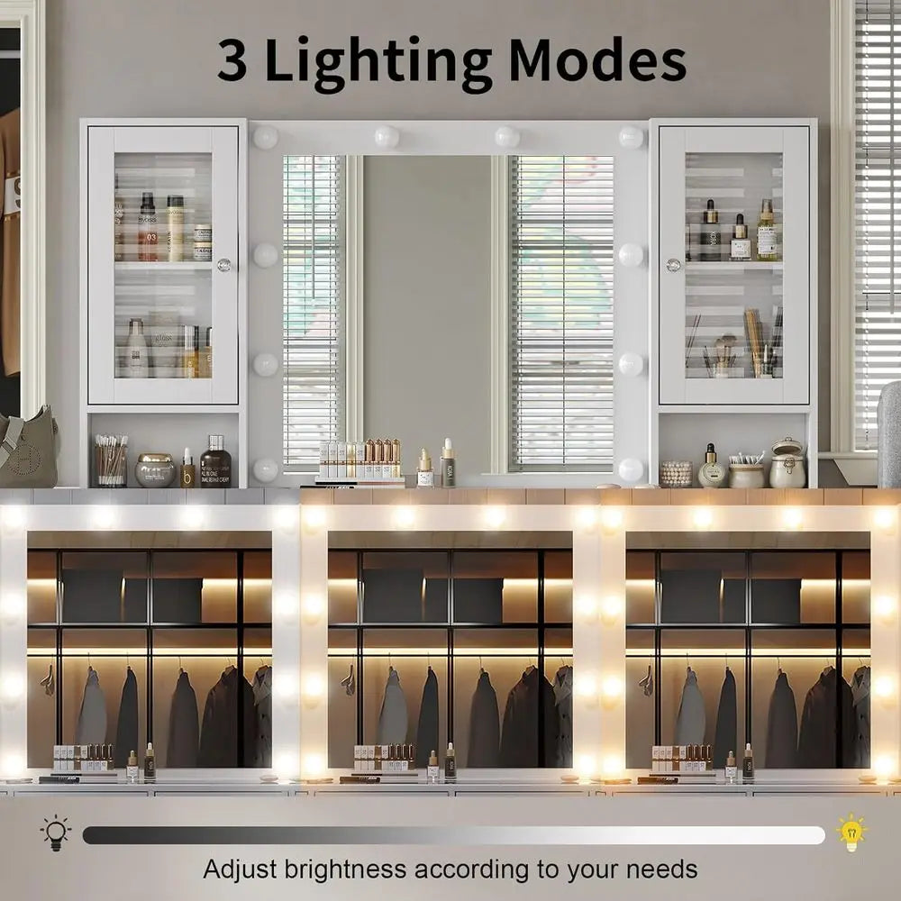 Illuminated Vanity Desk with Mirror, Power Outlet, 12 Drawers, 2 Cabinets, and Chair for Bedroom in White
