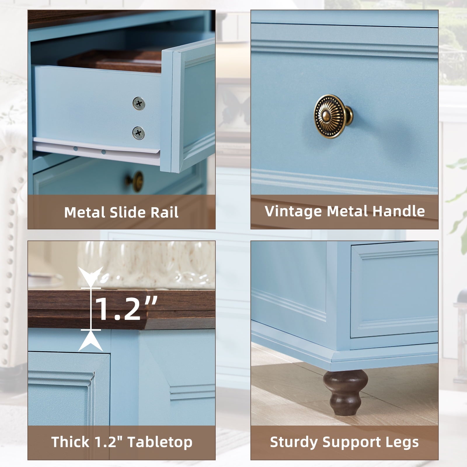 Nightstand with 3 Drawers, Bedside Table for Bedroom, Spacious Storage Cabinet for Living Room,Closet - Light Blue