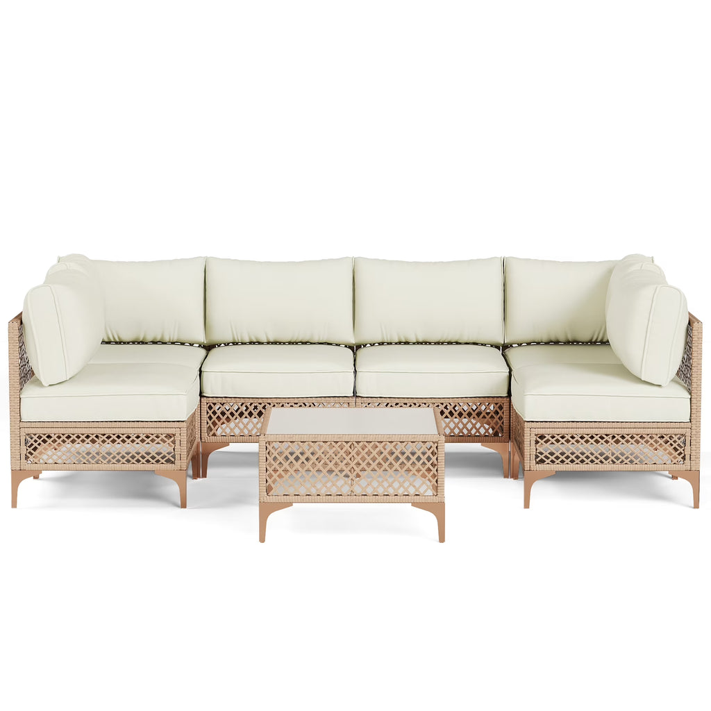 7-Piece Patio Furniture Set, Outdoor Wicker Conversation Set with Thick Cushions & Coffee Table for Backyard and Garden, Beige