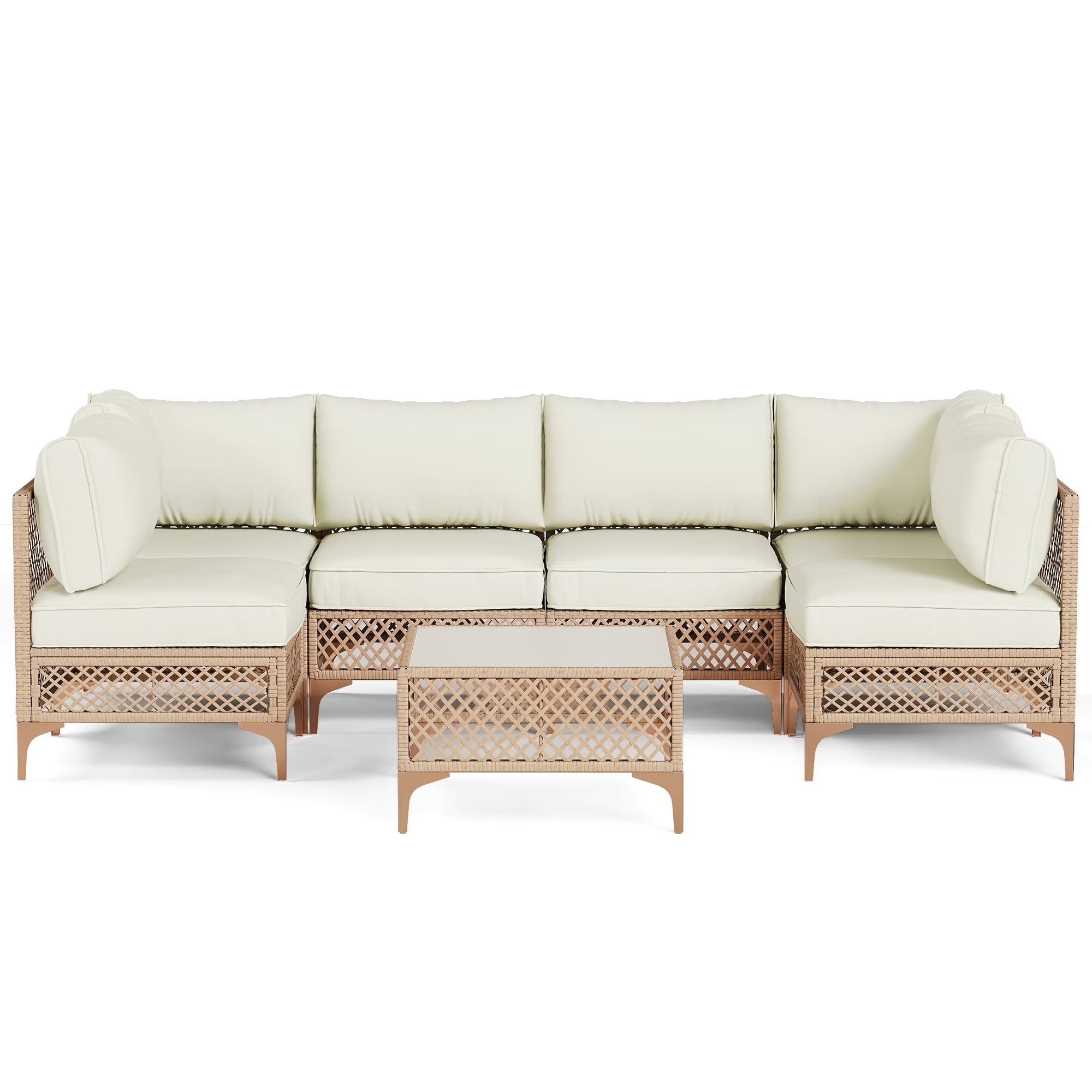 7-Piece Patio Furniture Set, Outdoor Wicker Conversation Set with Thick Cushions & Coffee Table for Backyard and Garden, Beige