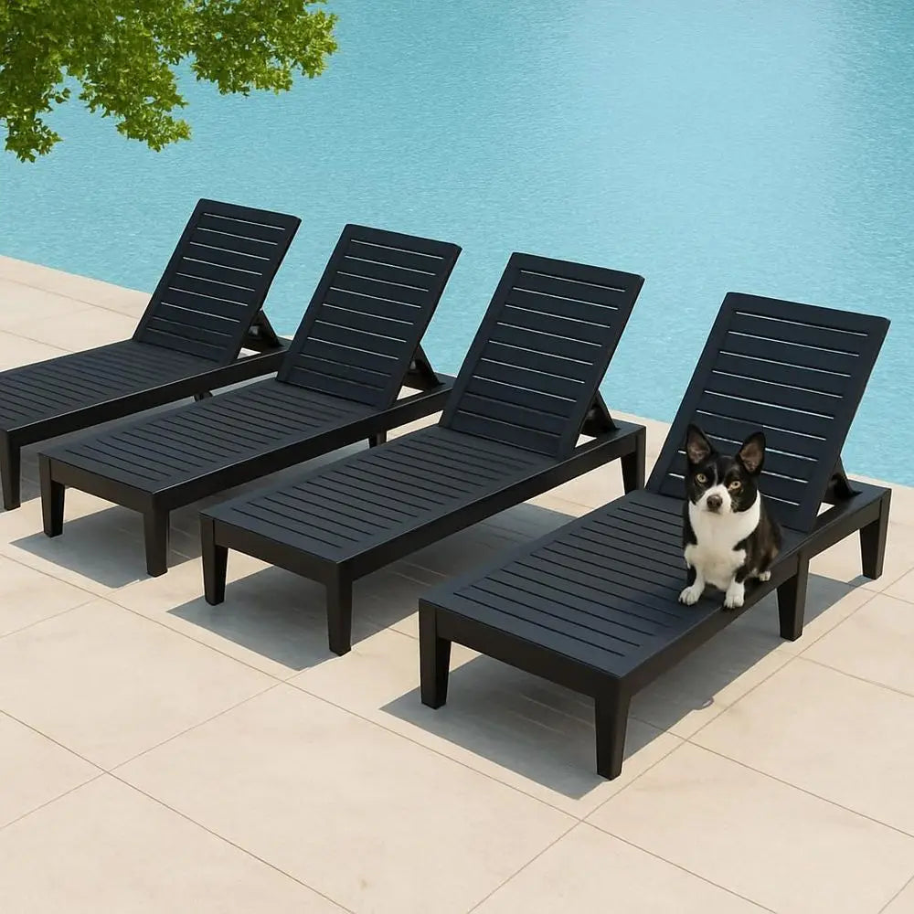 Set of 4 Outdoor Patio Lounge Chairs – Adjustable Waterproof Poolside Chaise Lounges, Striped Black