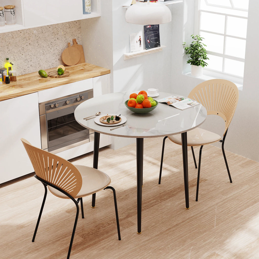 32" Sintered Stone Dining Table round Reception Coffee Table for 2-4 Person - Small Kitchen Table with Black Metal Legs