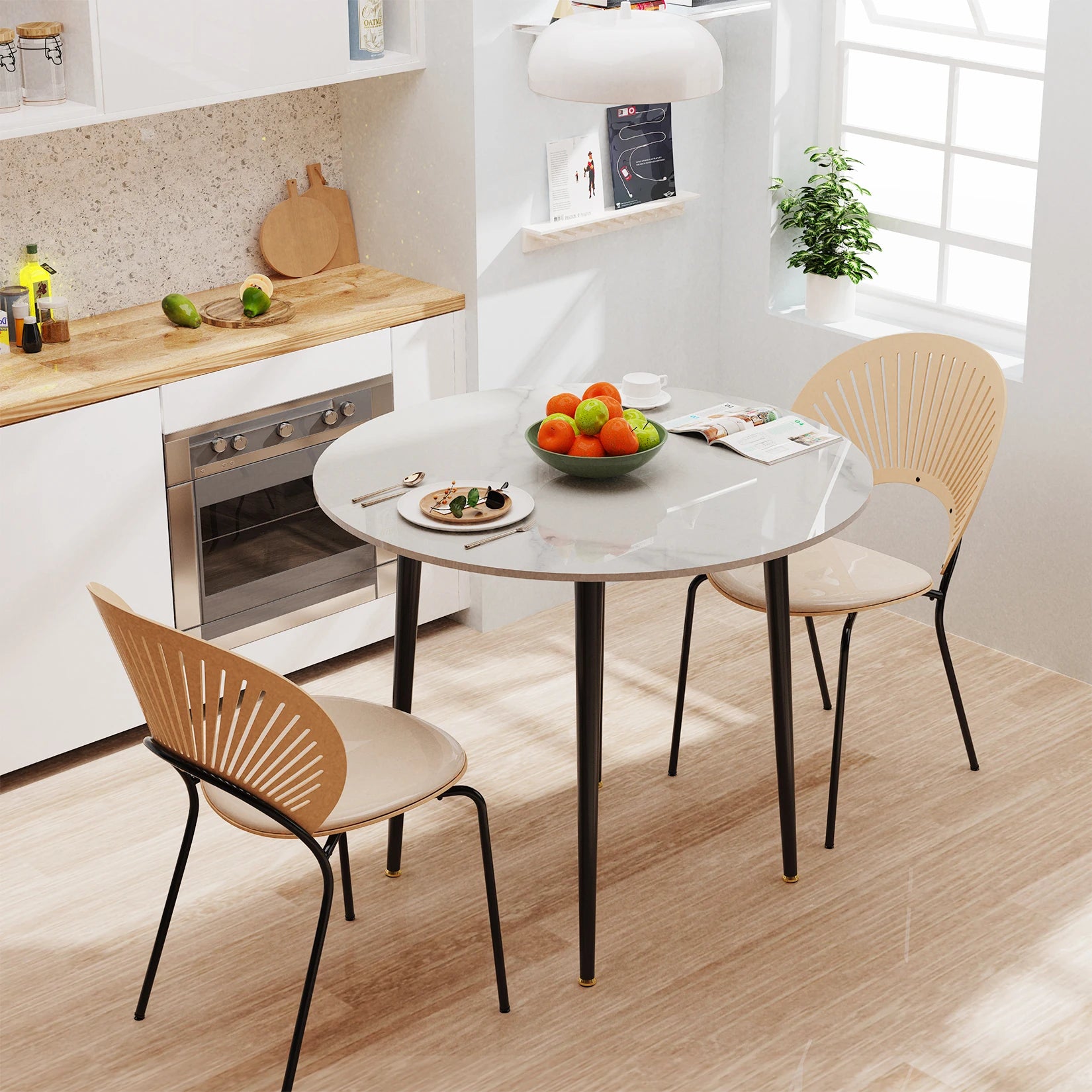 32" Sintered Stone Dining Table round Reception Coffee Table for 2-4 Person - Small Kitchen Table with Black Metal Legs
