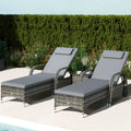 3Pc Outdoor Set, 2 Reclining Chairs, Cushions, Wheels, Side Table, Pe Wicker