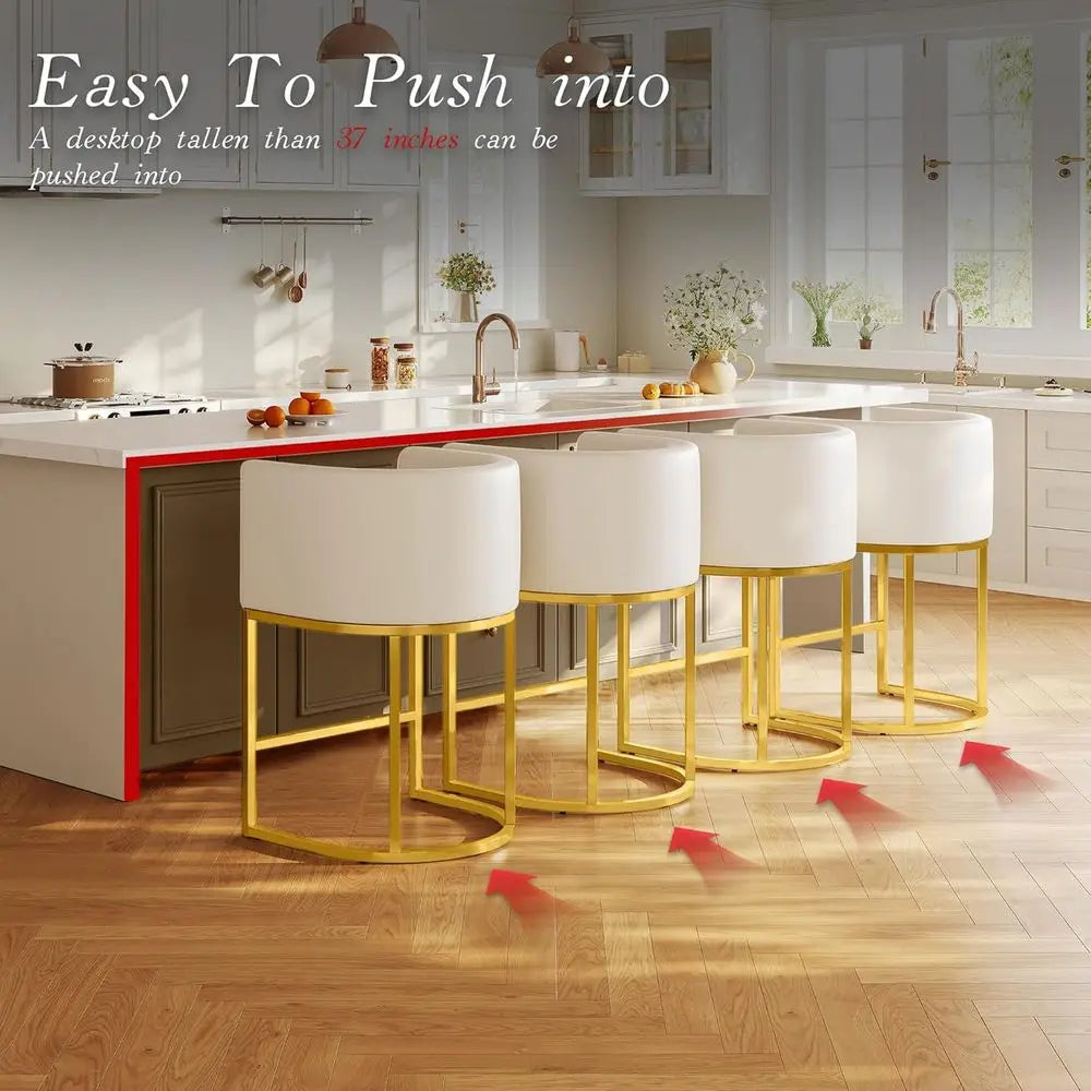 Counter Height Bar Stools Set of 4 – Beige White PU Leather Swivel Barrel Chairs with Gold Metal Legs, 26-Inch