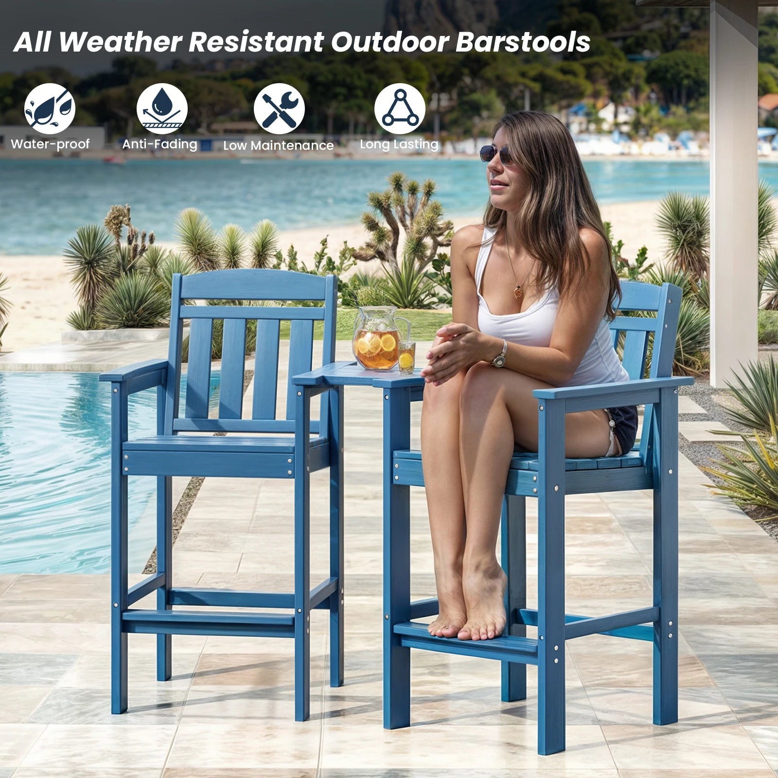 Set of 2 Tall Adirondack Chairs, HDPE Bar Stools with Connecting Tray, All-Weather Patio Chair, Bar Height for Balcony