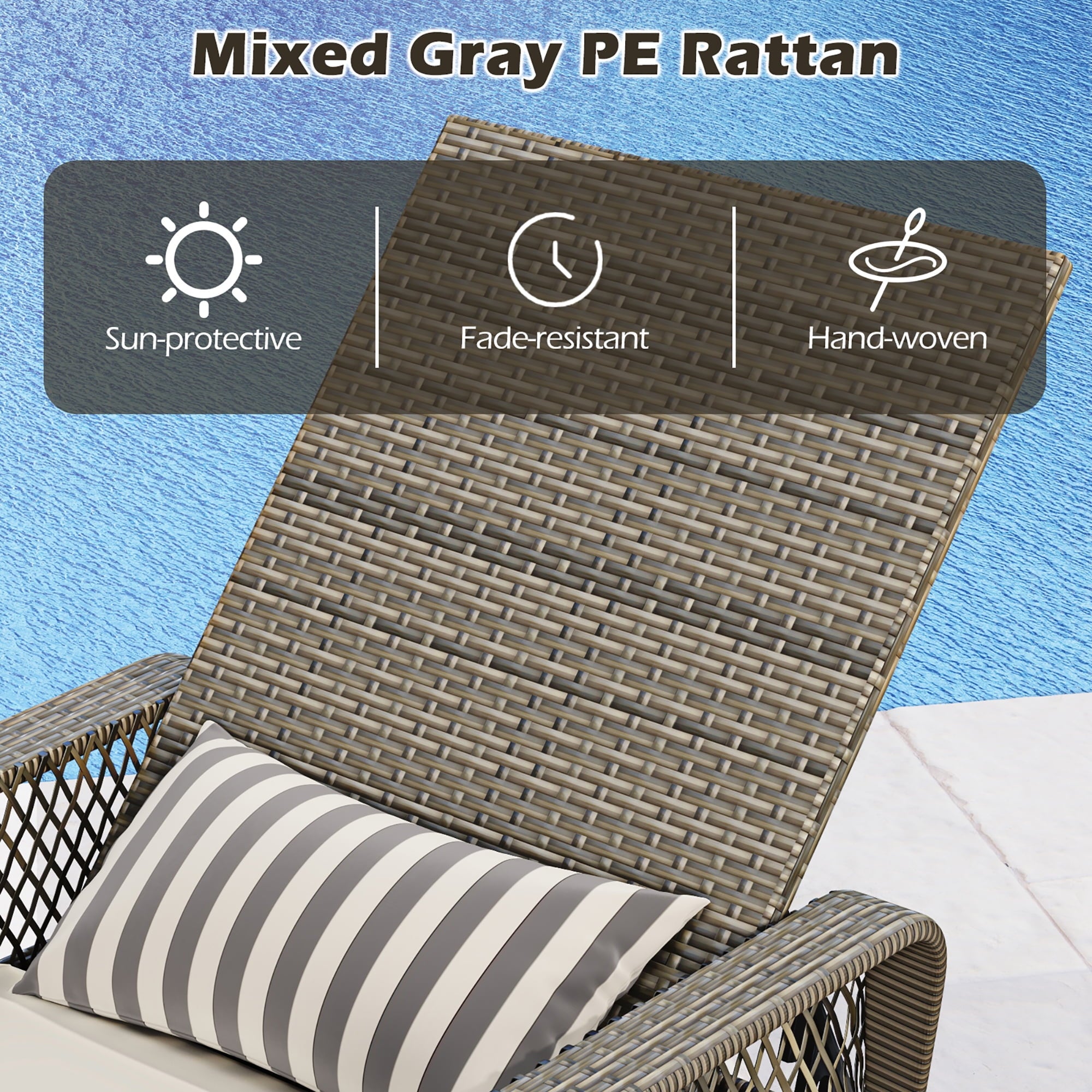 PE Wicker Chaise Lounge Chair 6-Position Adjustable Patio Recliner W/ Soft Cushions