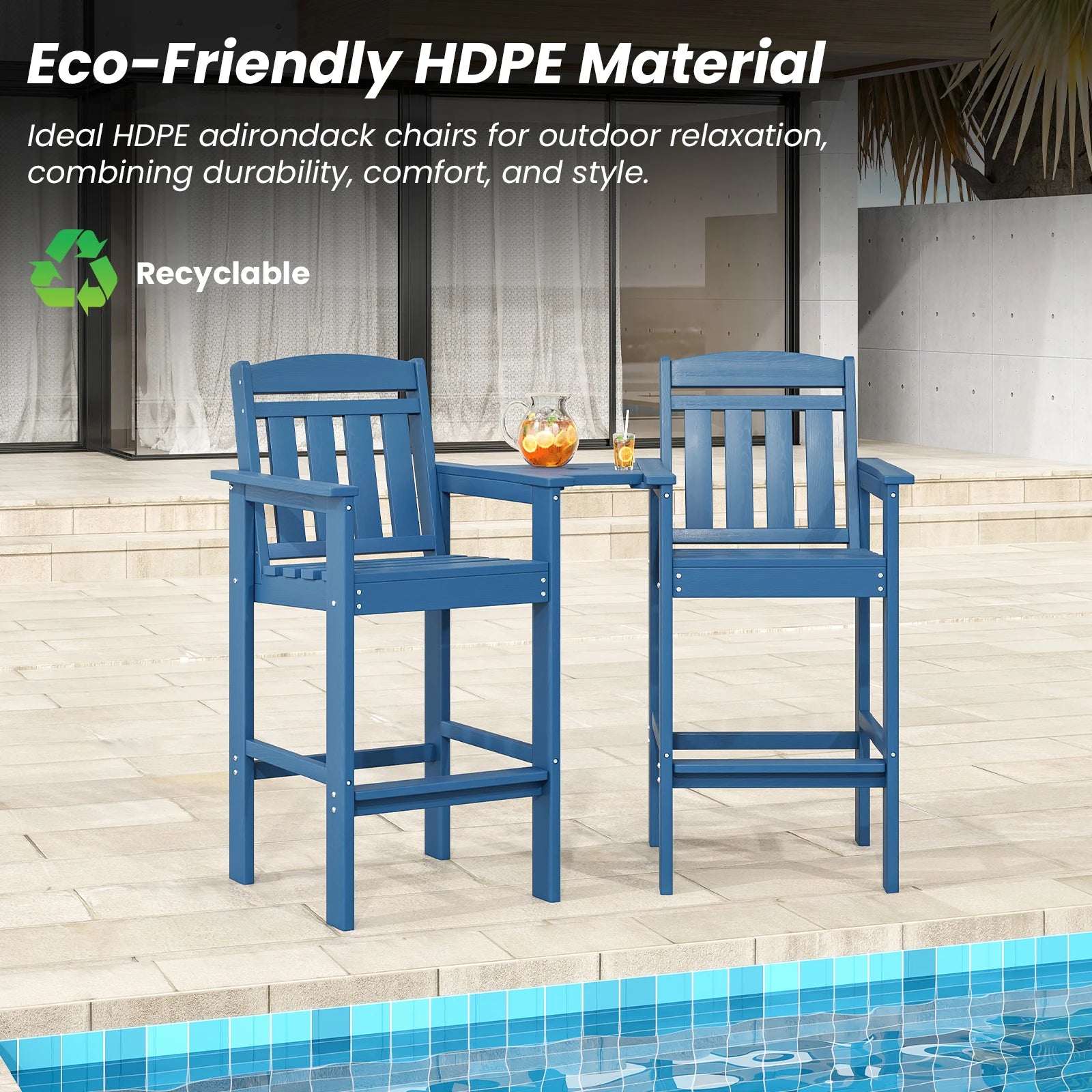 Set of 2 Tall Adirondack Chairs, HDPE Bar Stools with Connecting Tray, All-Weather Patio Chair, Bar Height for Balcony