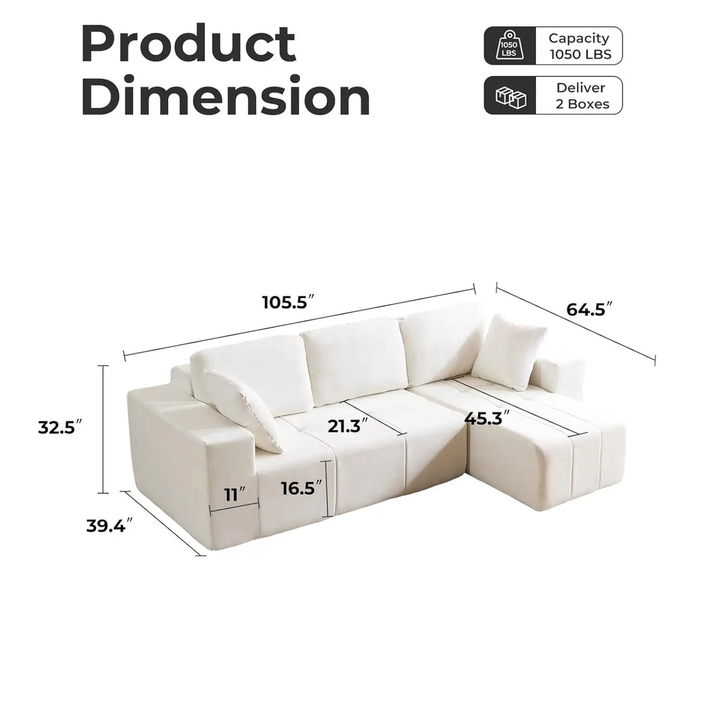 105" Cloud Modular Sectional Couch,Chenille Boneless Couches with Deep Seat,Upholstered L-Shape Sofa with Chaise,, Customized