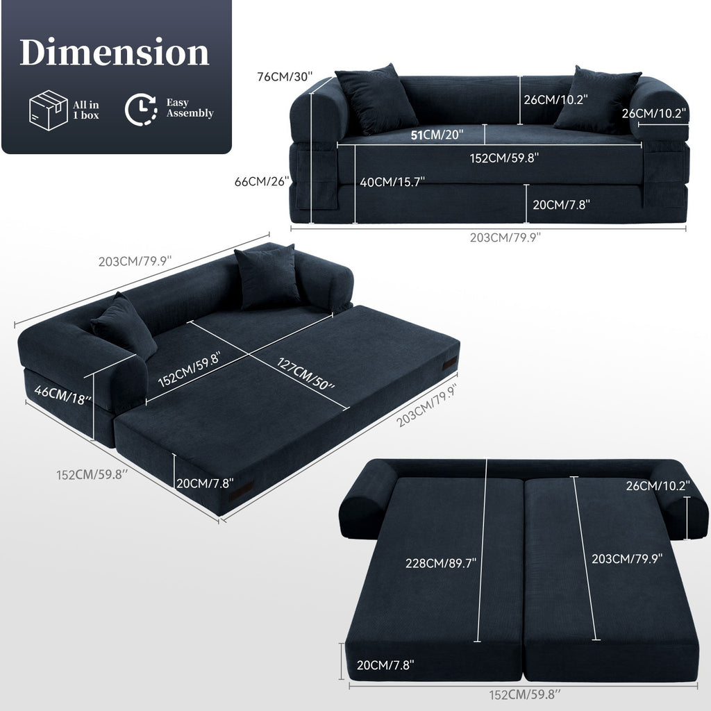 80" Queen Convertible Sofa Bed, No Assembly Modern Boneless Couch Sofa in Box