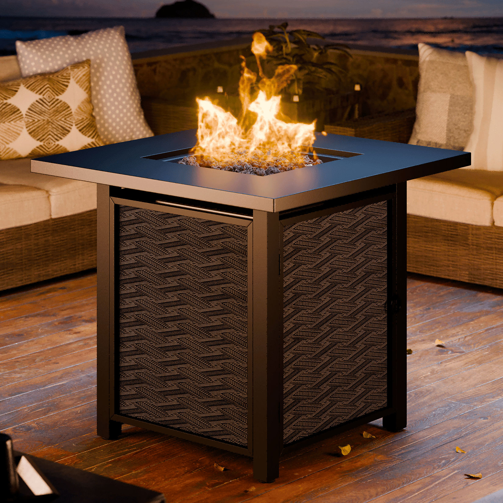 28" Propane Fire Pit Table 50,000 BTU Steel Gas Fire Pit with Removable Lid & Waterproof Cover and Tables