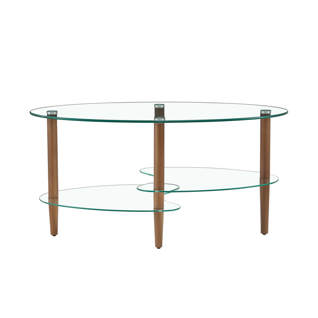 Transparent Oval Glass Coffee Table, Modern Living Room Table, Oak Leg Coffee Table, Three-Layer Glass Table