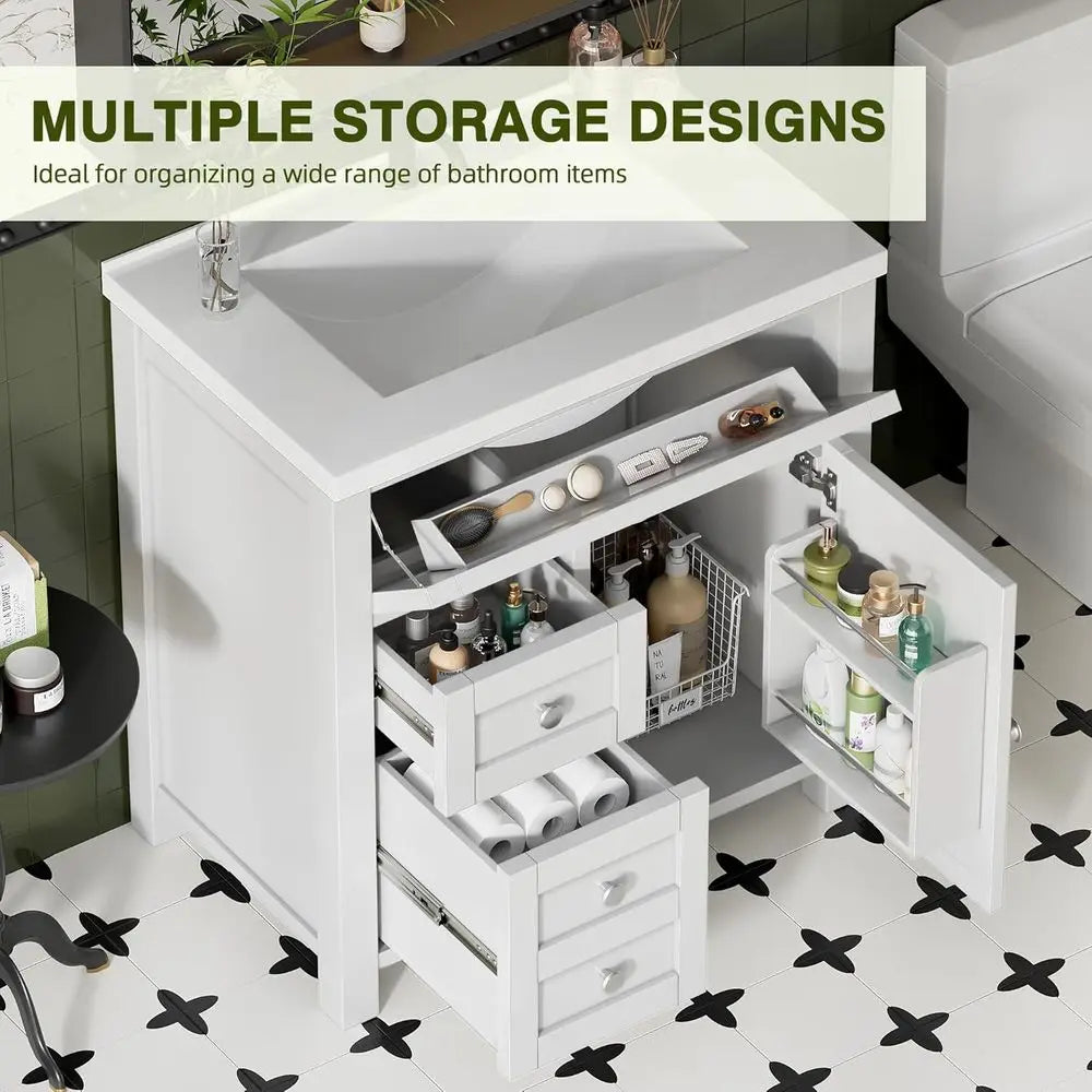 30-Inch Freestanding Bathroom Vanity with Single Sink – White Vanity with 2 Drawers, Drop-Down Drawer & Side Storage Cabinet