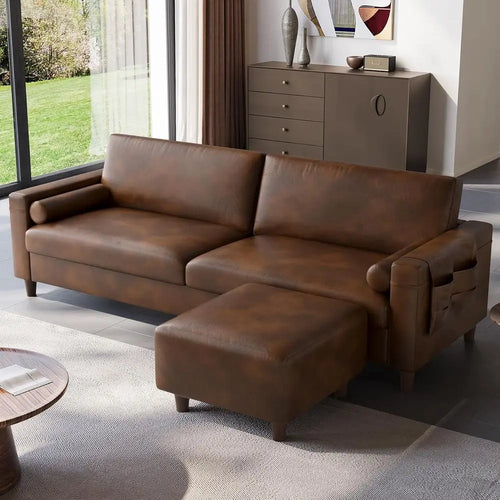 2-Seater L-Shaped PU Leather Sectional Sofa with Ottoman – Caramel