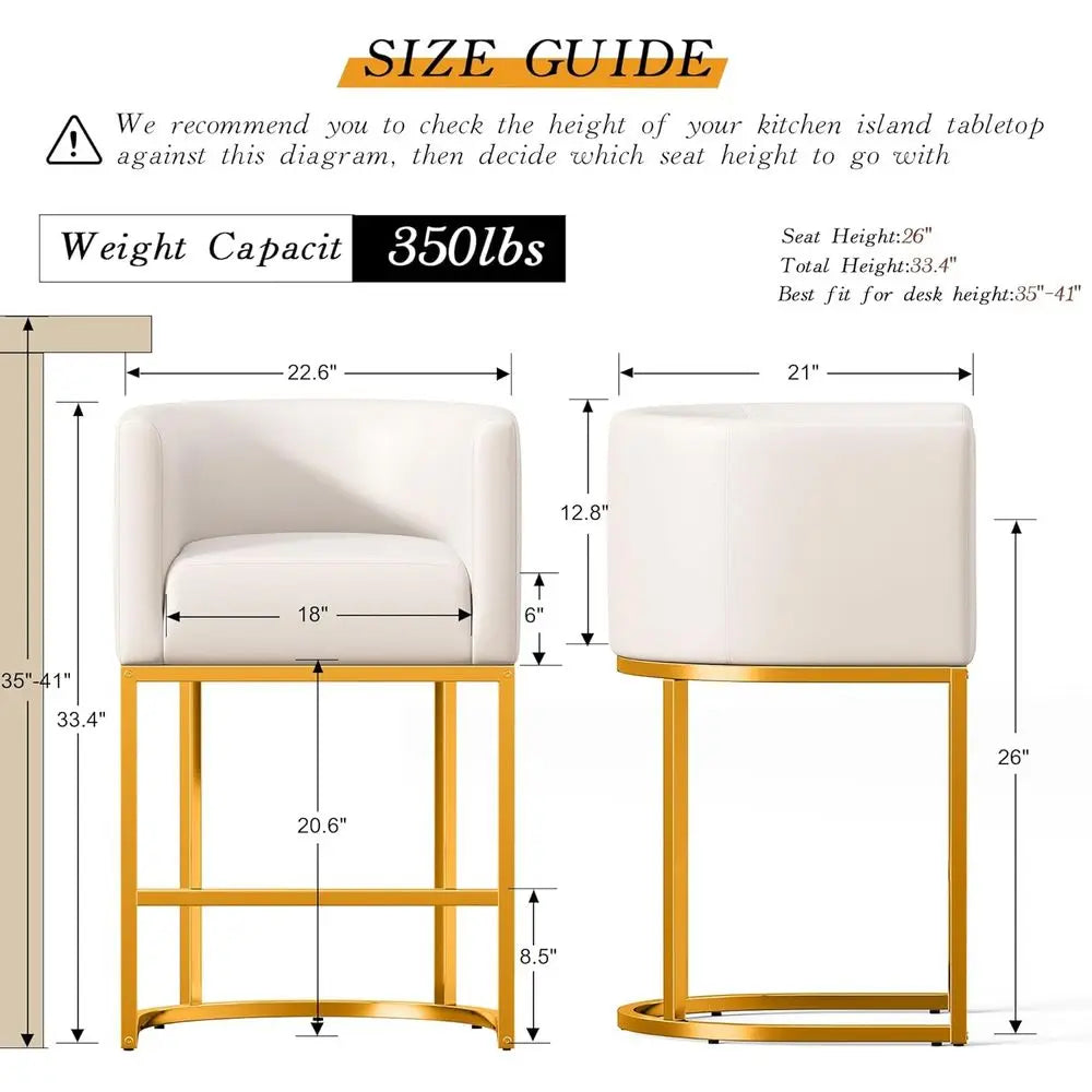 Counter Height Bar Stools Set of 4 – Beige White PU Leather Swivel Barrel Chairs with Gold Metal Legs, 26-Inch