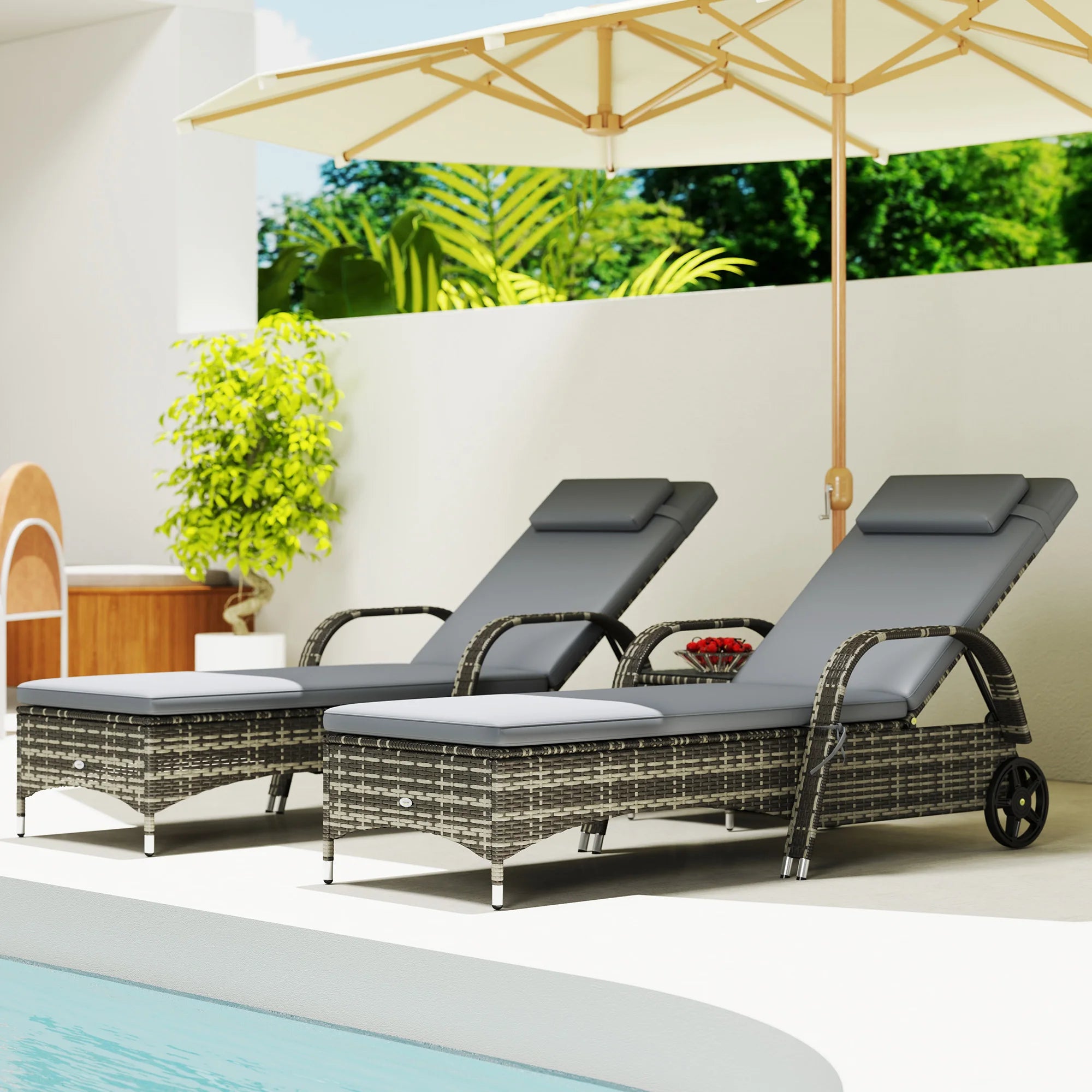 3Pc Outdoor Set, 2 Reclining Chairs, Cushions, Wheels, Side Table, Pe Wicker