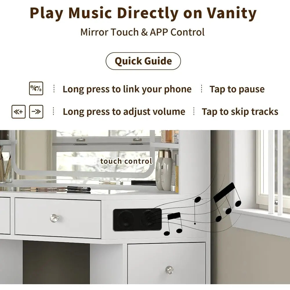 White Makeup Vanity Desk with Built-In Speaker, 8 Drawers, Glass Top & 3-Color LED Lighting