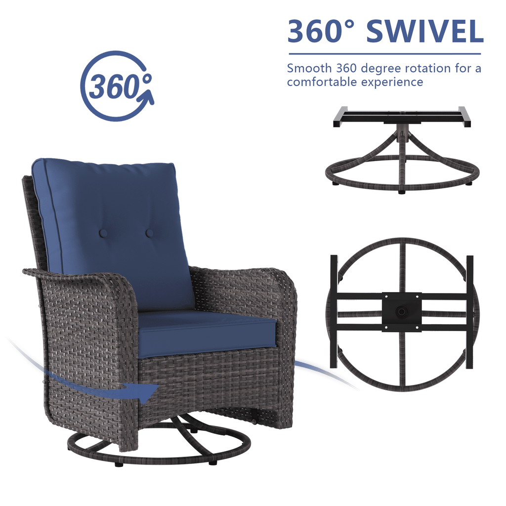3-Piece Rattan Rockers , Wicker Swivel Rocking Chair Set with Glass Top Coffee Table, 360° Rotation (Navy Blue)