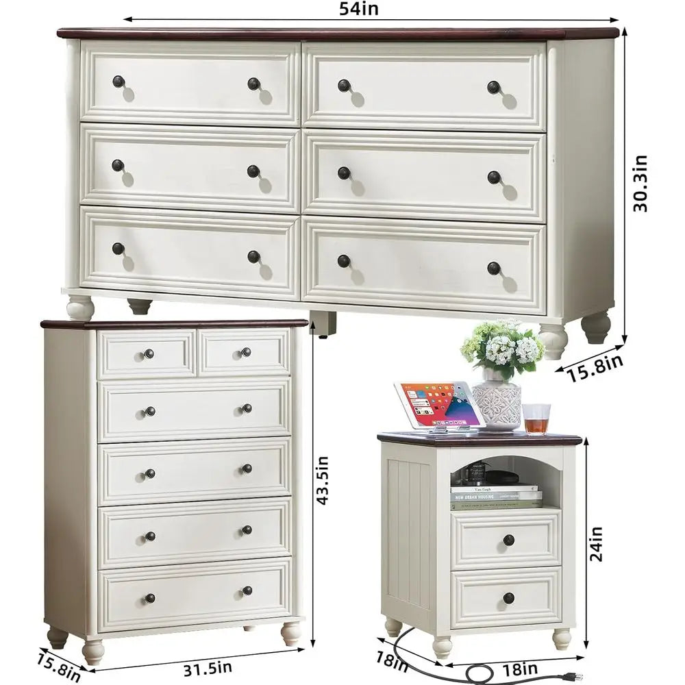 4-Piece Wooden Bedroom Furniture Set: 54 Wide Dresser & 43.5 Tall Chest with 18 Nightstands and Charging Stations