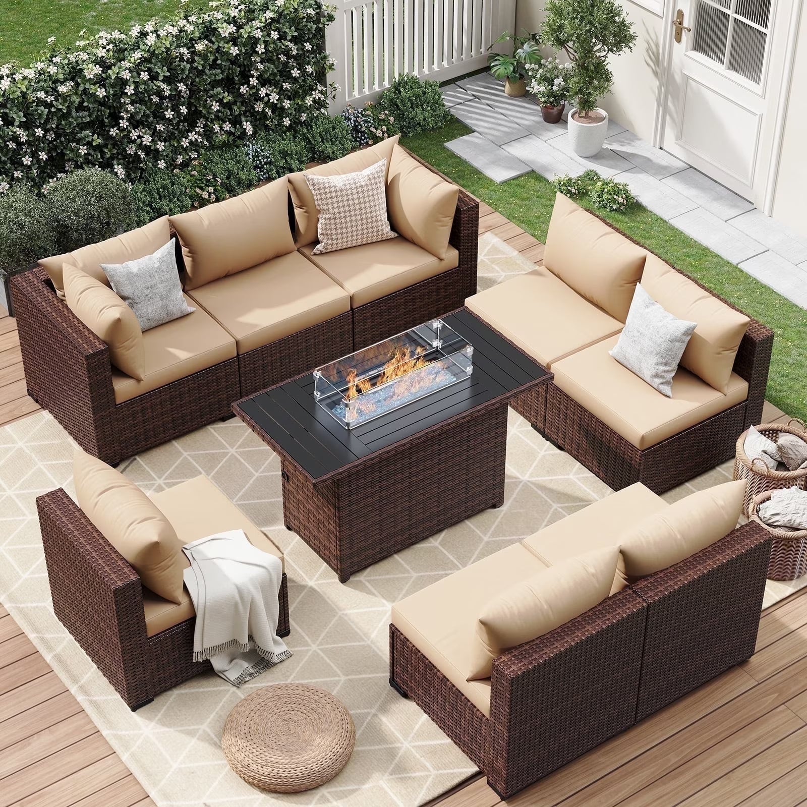7 Pieces Patio Furniture Set All Weather Outdoor Sectional Sofa, Outdoor Modern Sectional Furniture Wicker Couch with Glass Coffee Table, Thicken Navy Blue Cushions, Water Resistant