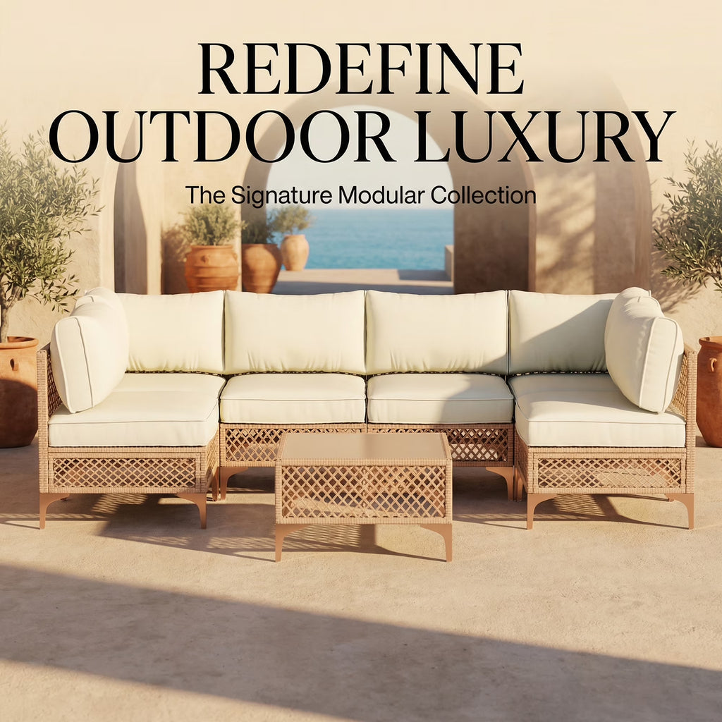 7-Piece Patio Furniture Set, Outdoor Wicker Conversation Set with Thick Cushions & Coffee Table for Backyard and Garden, Beige