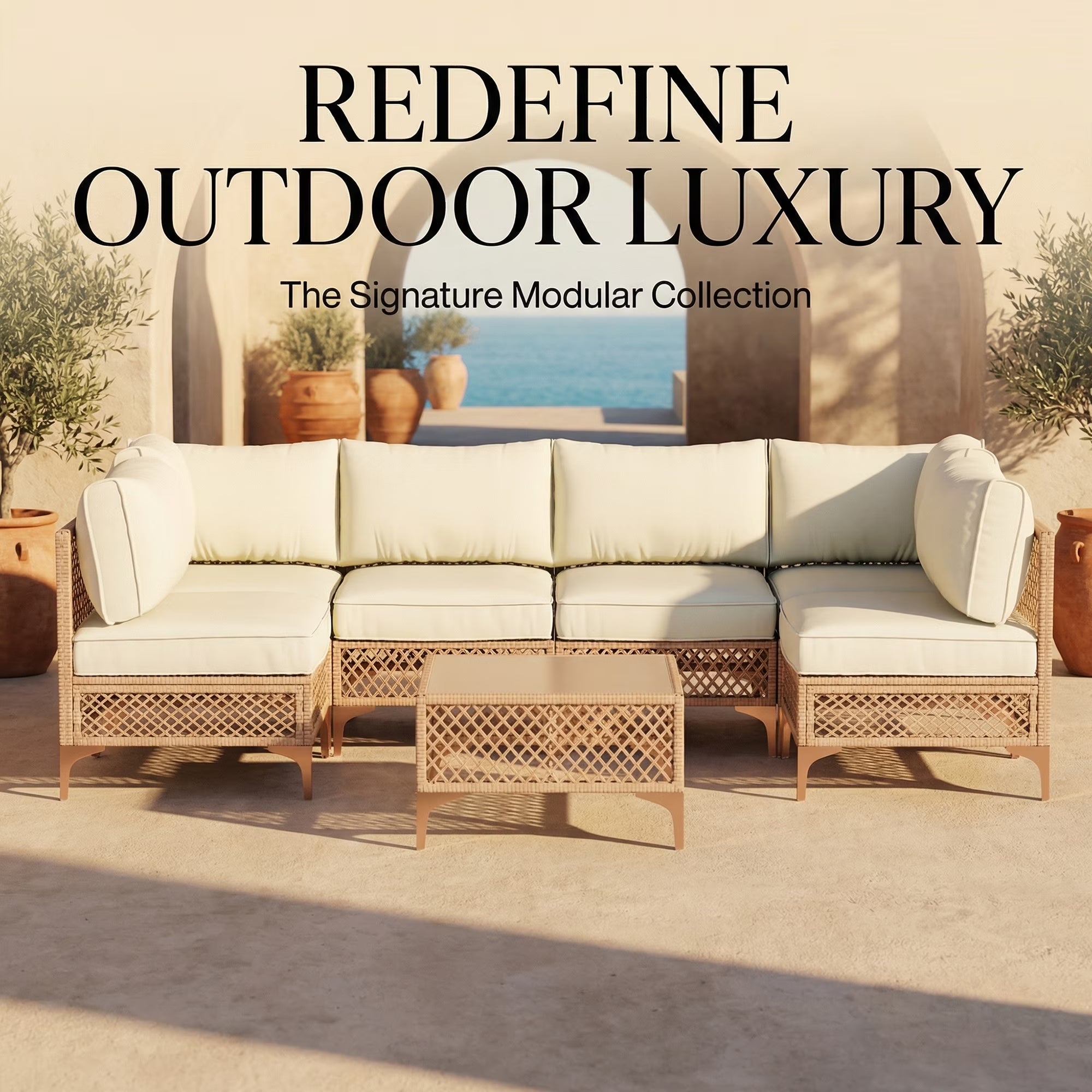 7-Piece Patio Furniture Set, Outdoor Wicker Conversation Set with Thick Cushions & Coffee Table for Backyard and Garden, Beige