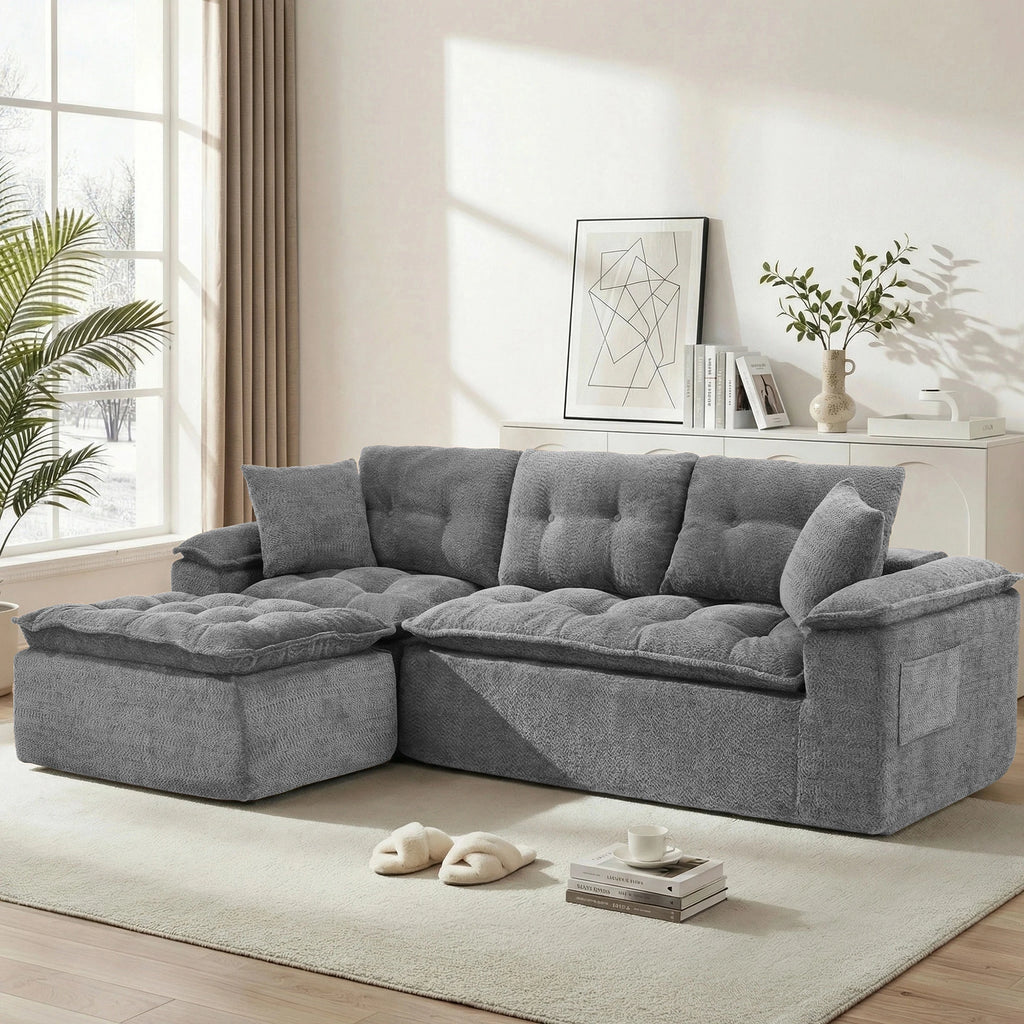 110" Modern L Shape Boneless Cloud Sectional Sofa, Chenille Deep Seat Modular Couch with Ottoman, No Assembly Needed for Living Room